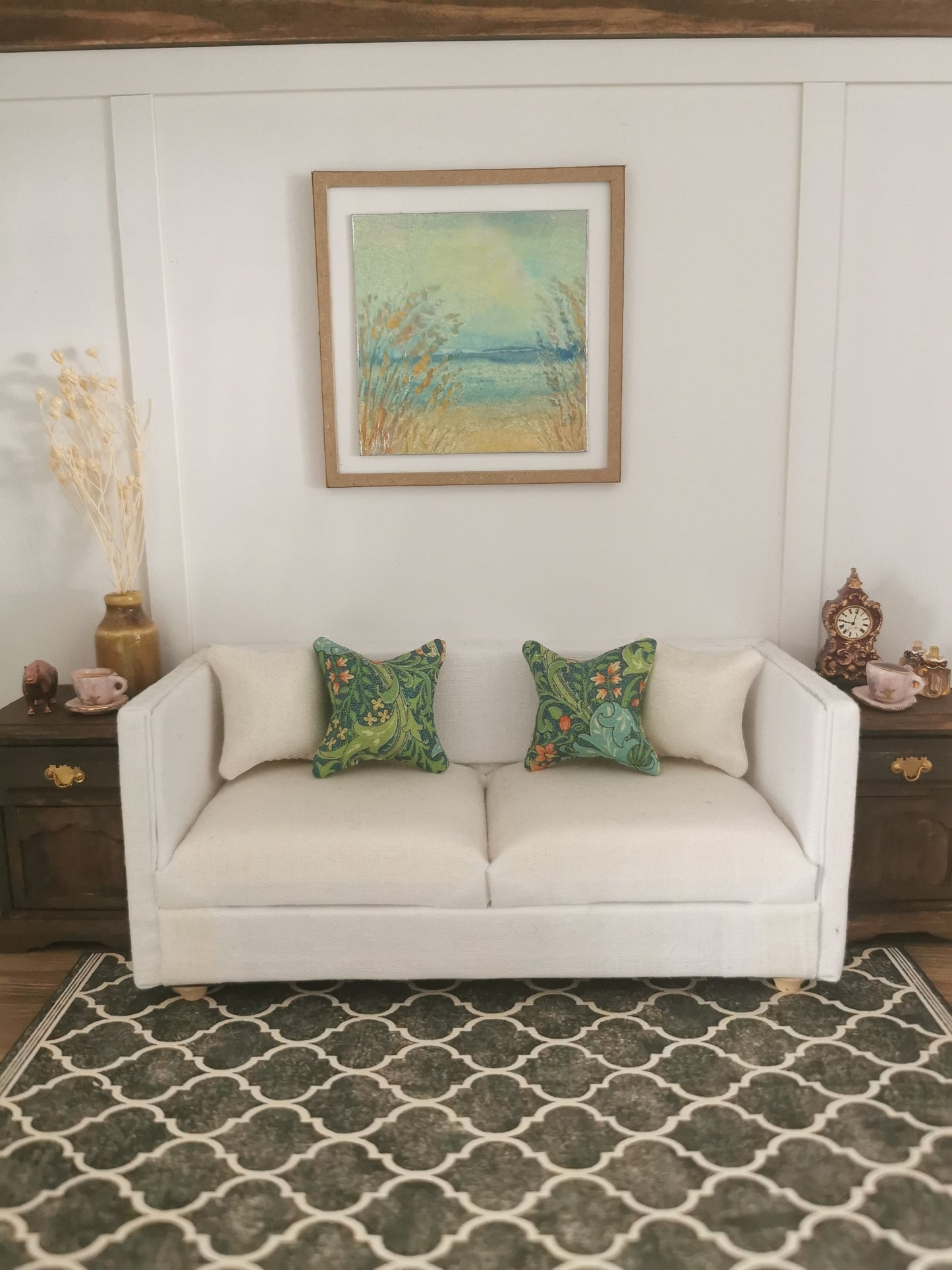 Green William Morris Floral Print Cushion | 1:12th Scale | Handmade - ZJ Miniatures