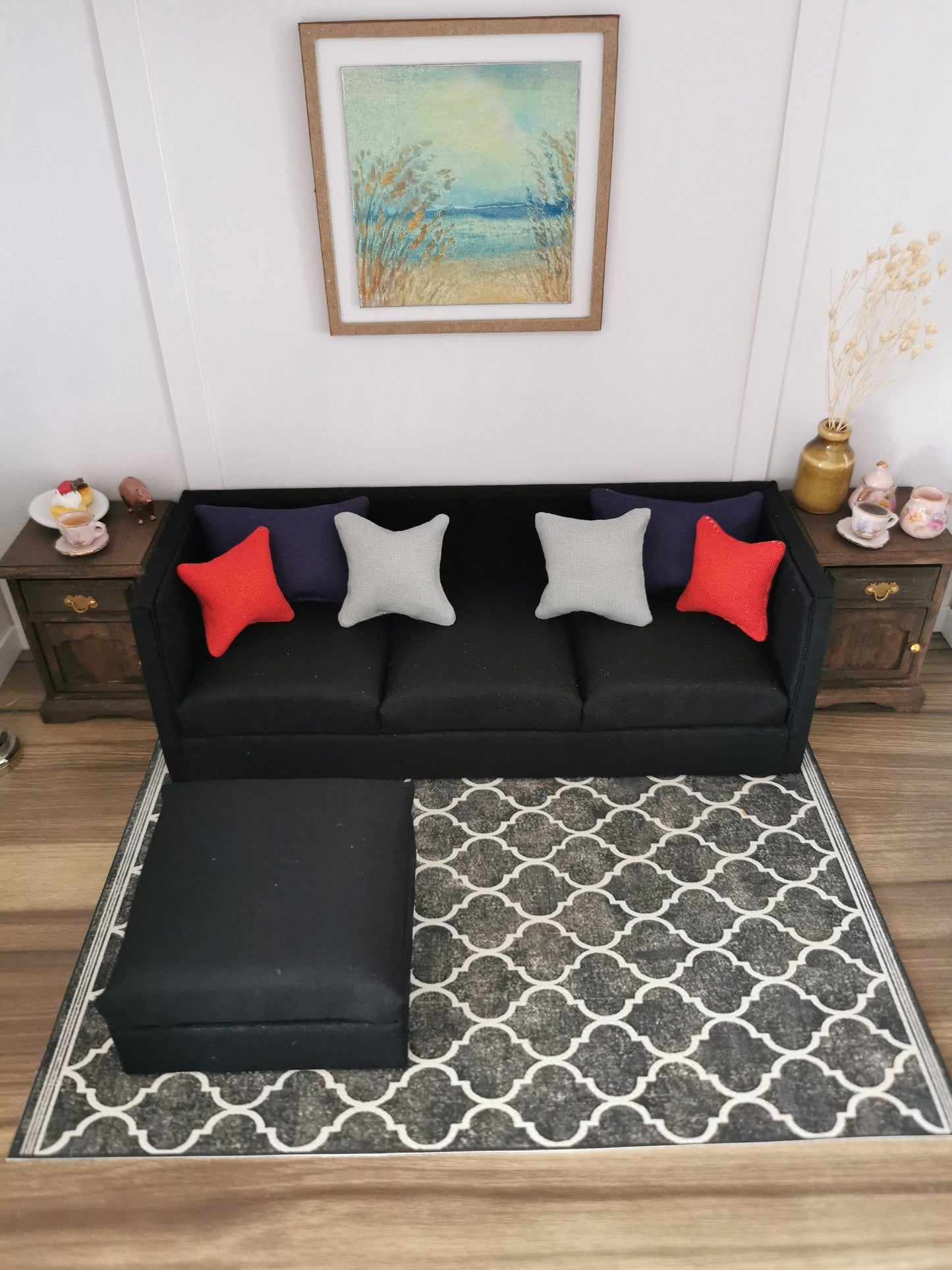 3 Seater Sofa & Ottoman | 1:12th Scale | Made To Order | Cushions/Pillows included | Handmade - ZJ Miniatures