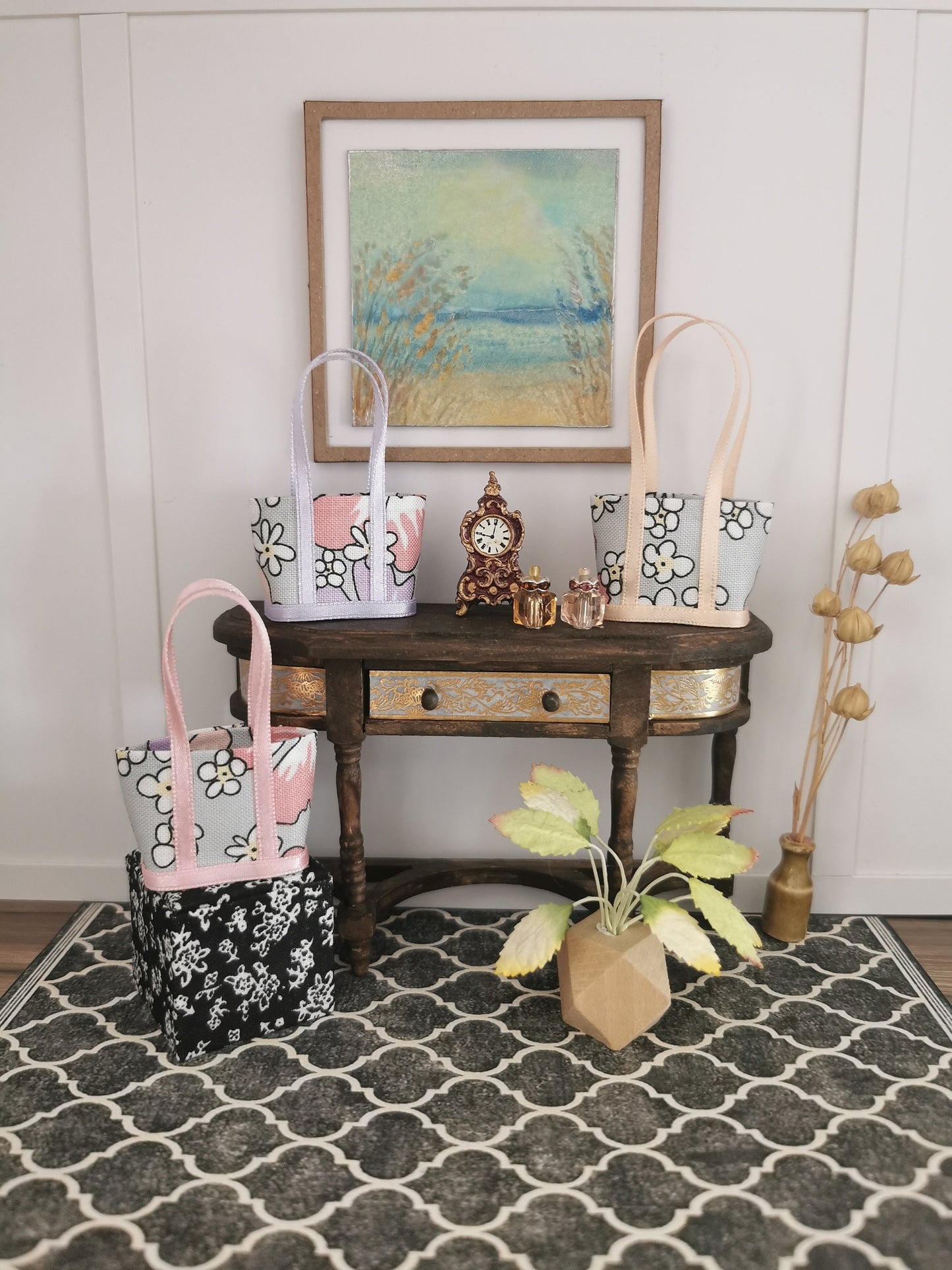 Coral/Grey/Lavender Floral Fabric Tote Bag | 1:12th Scale | Handmade - ZJ Miniatures