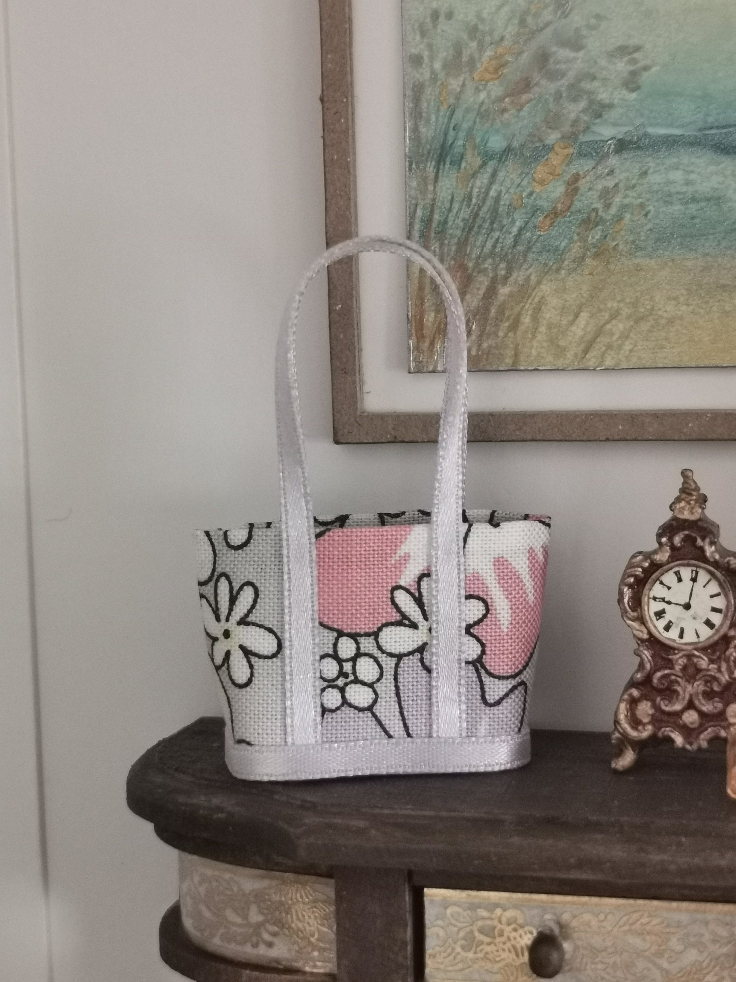 Coral/Grey/Lavender Floral Fabric Tote Bag | 1:12th Scale | Handmade - ZJ Miniatures