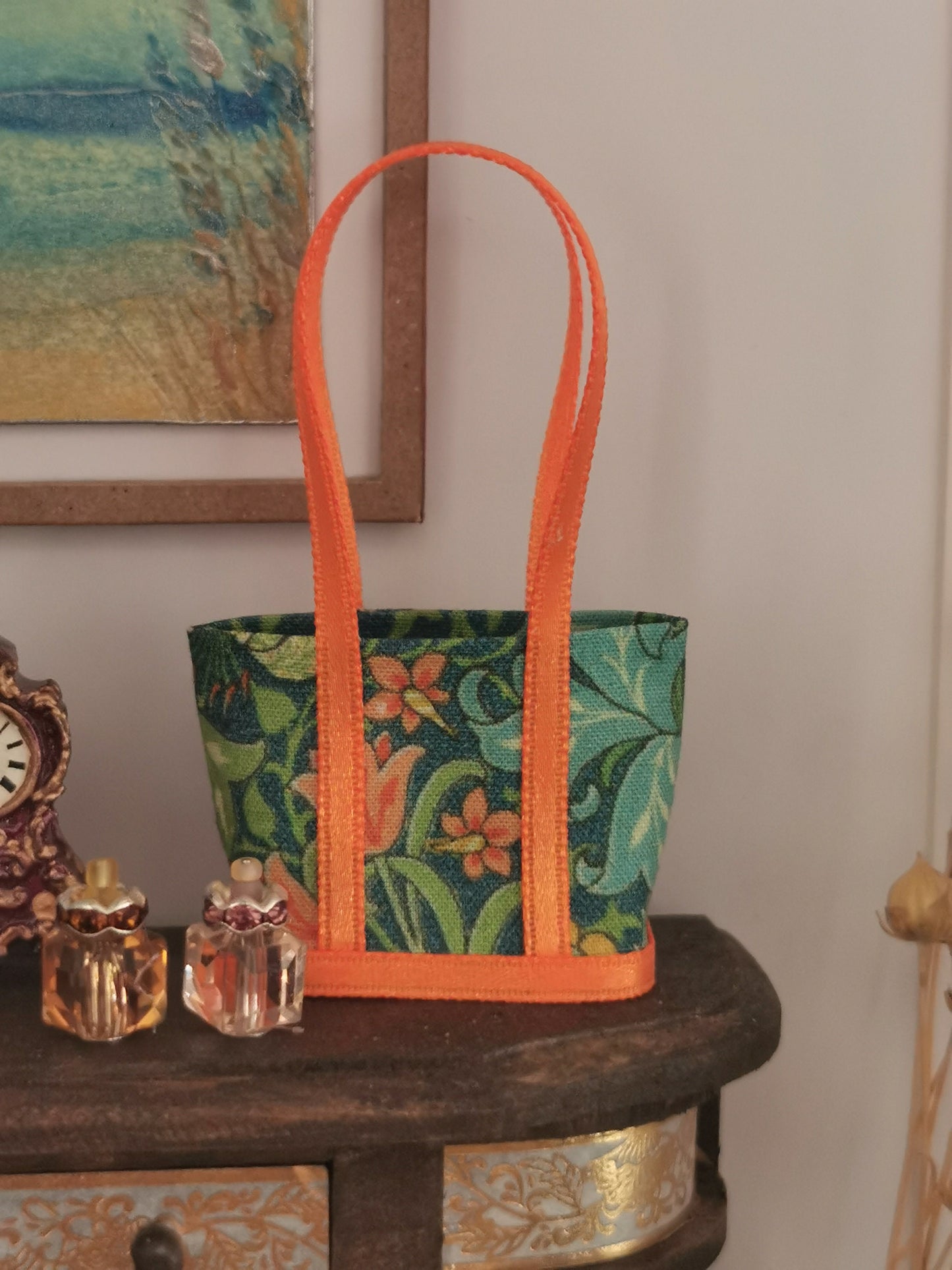 Green Floral Fabric Tote Bag | 1:12th Scale | Handmade - ZJ Miniatures