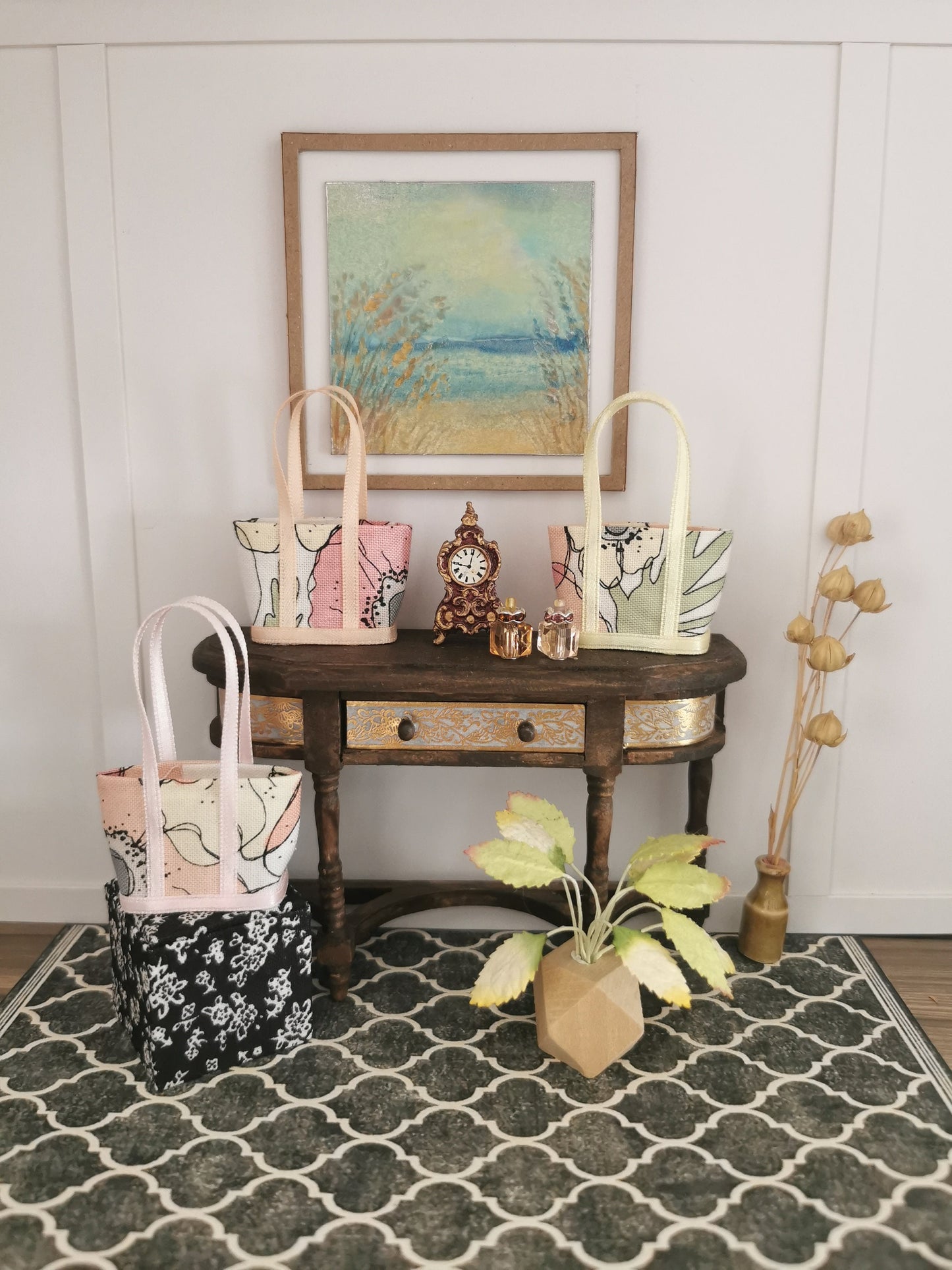 White/Yellow/Pink Floral Fabric Tote Bag | 1:12th Scale | Handmade - ZJ Miniatures