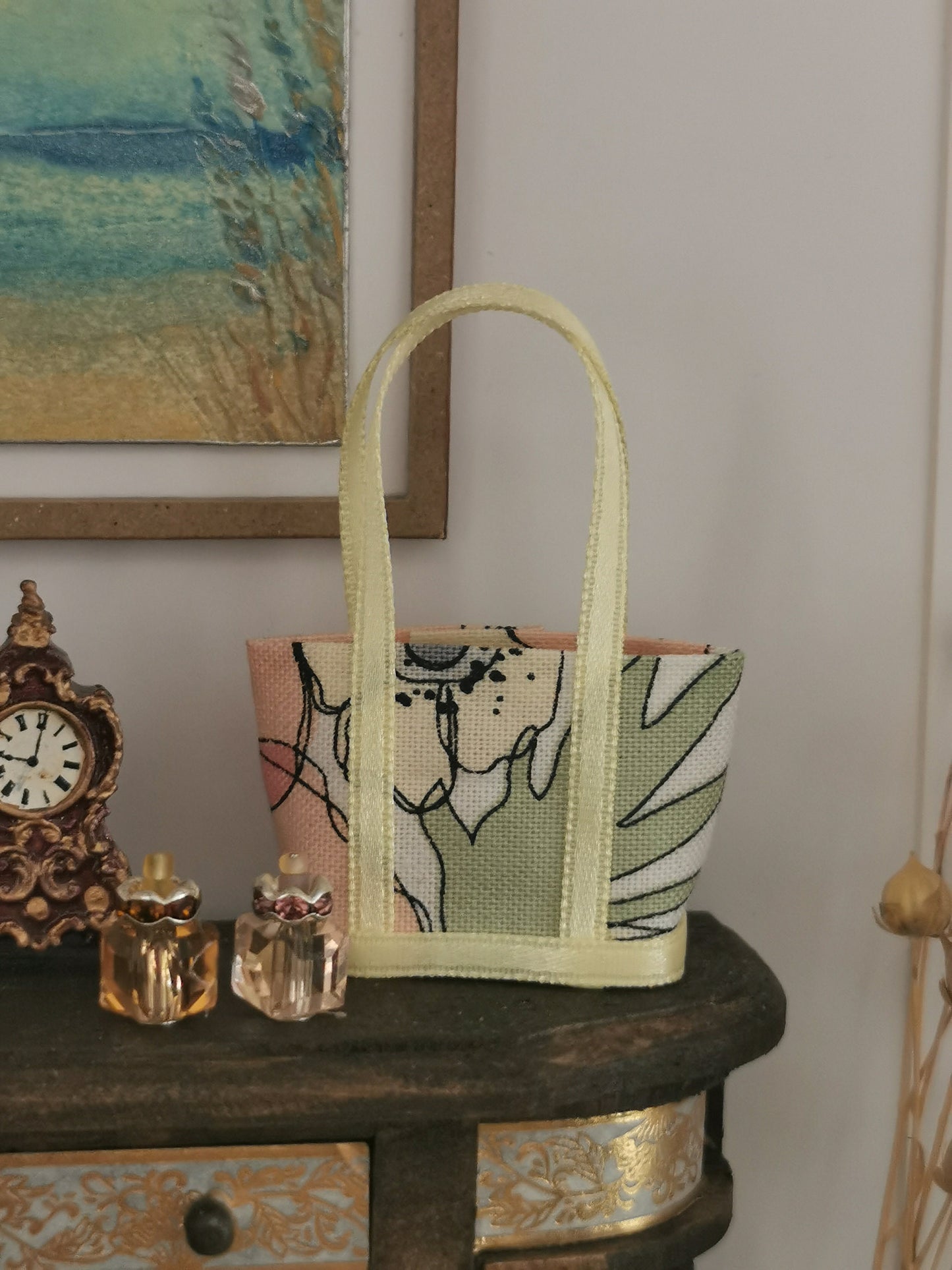 White/Yellow/Pink Floral Fabric Tote Bag | 1:12th Scale | Handmade - ZJ Miniatures