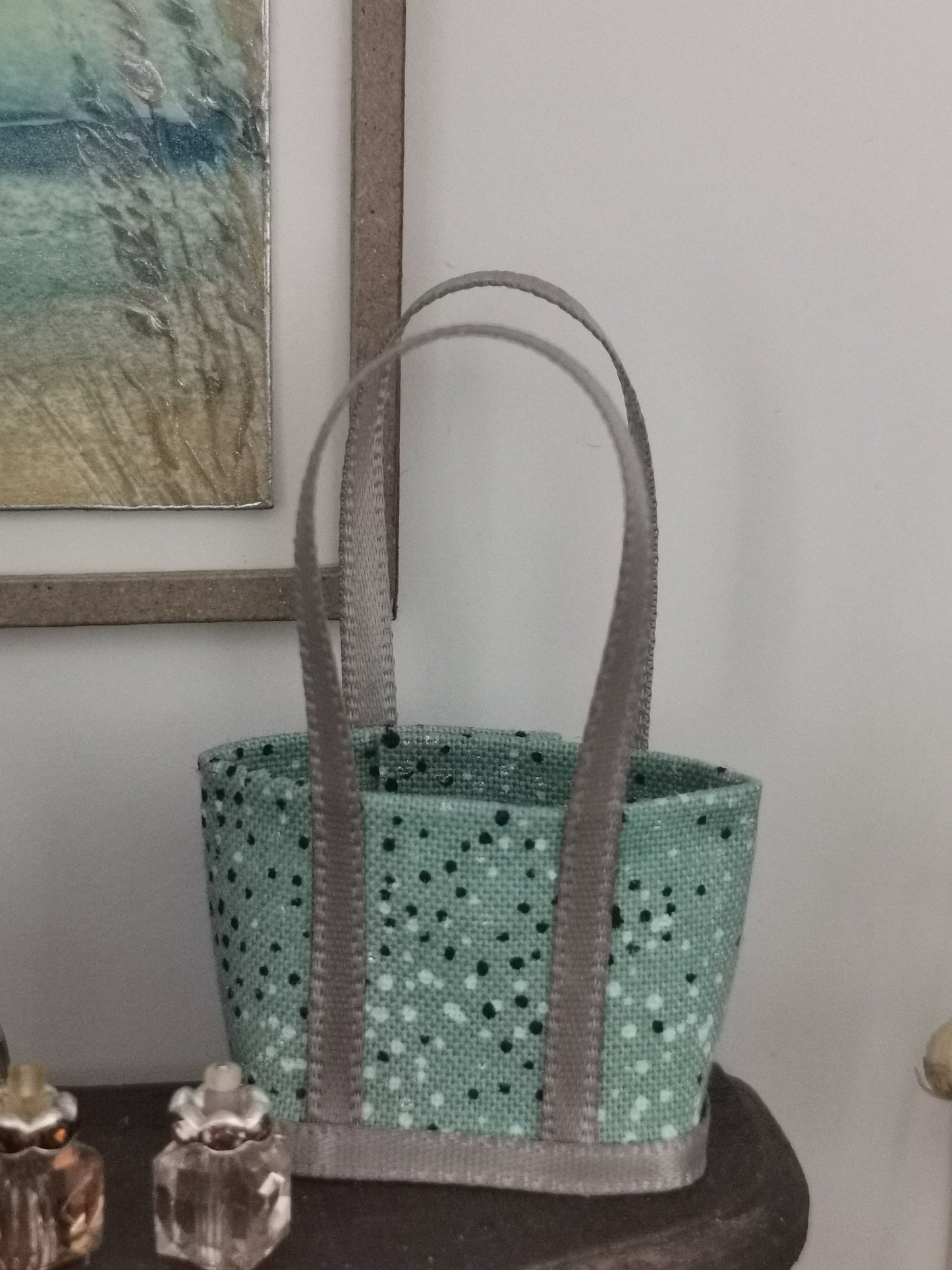 Green Dot Fabric Tote Bag | 1:12th Scale | Handmade - ZJ Miniatures