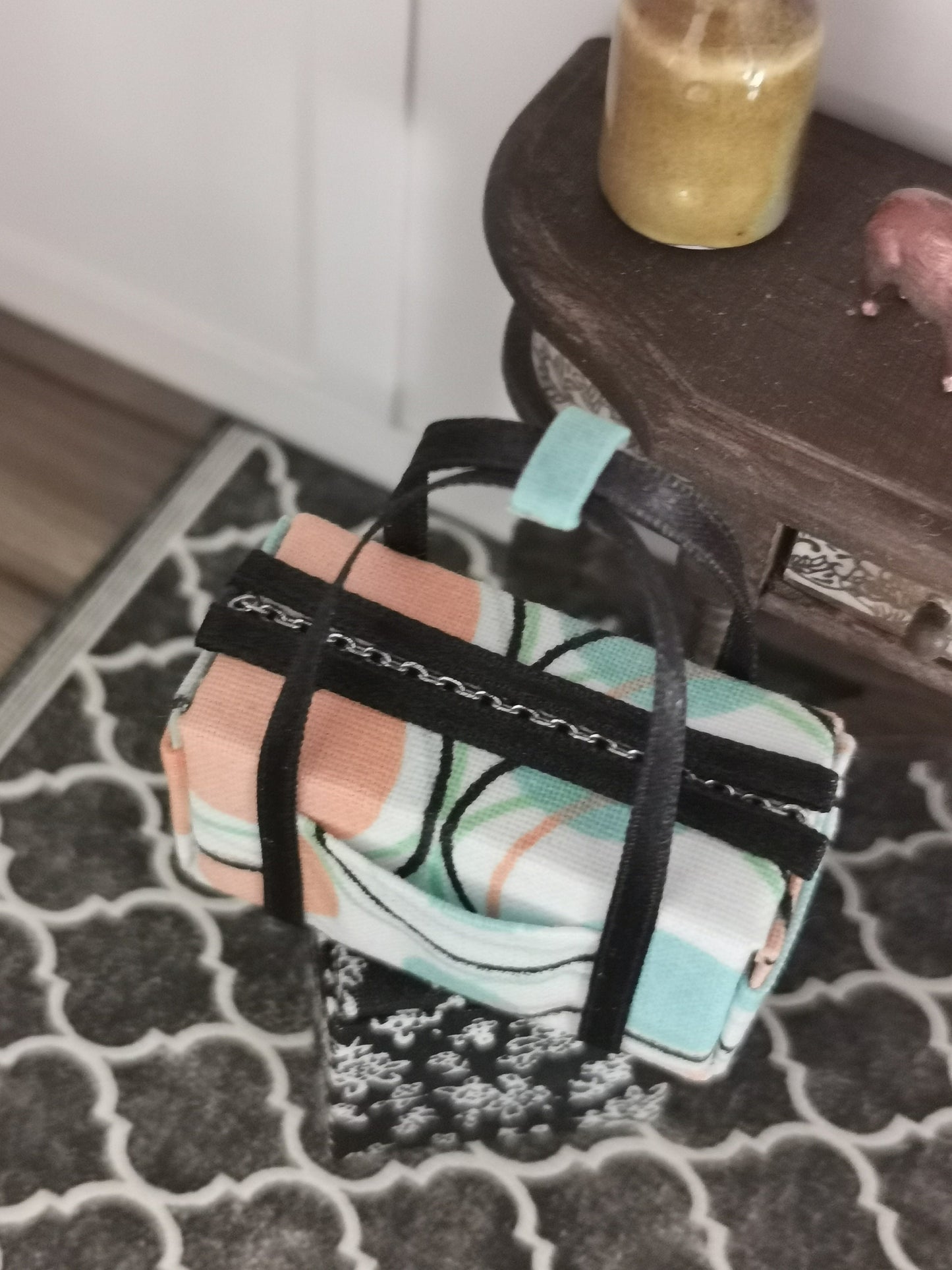 Aqua/White/Orange Retro Fabric Overnight Bag | 1:12th Scale | Handmade - ZJ Miniatures