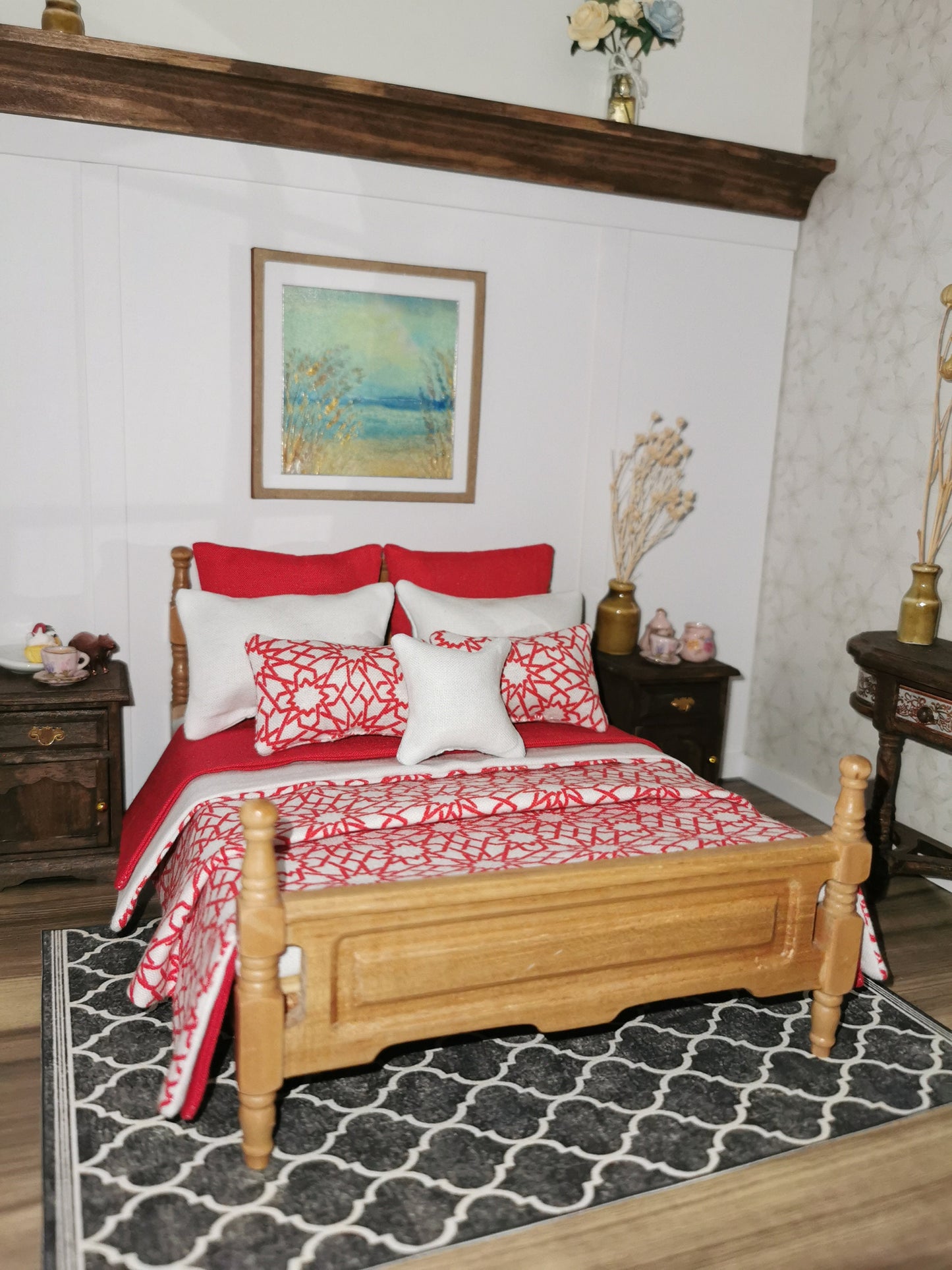 Bed Linen Set in Red/White Geo Print | 1:12th Scale | Set of 9 | Handmade - ZJ Miniatures