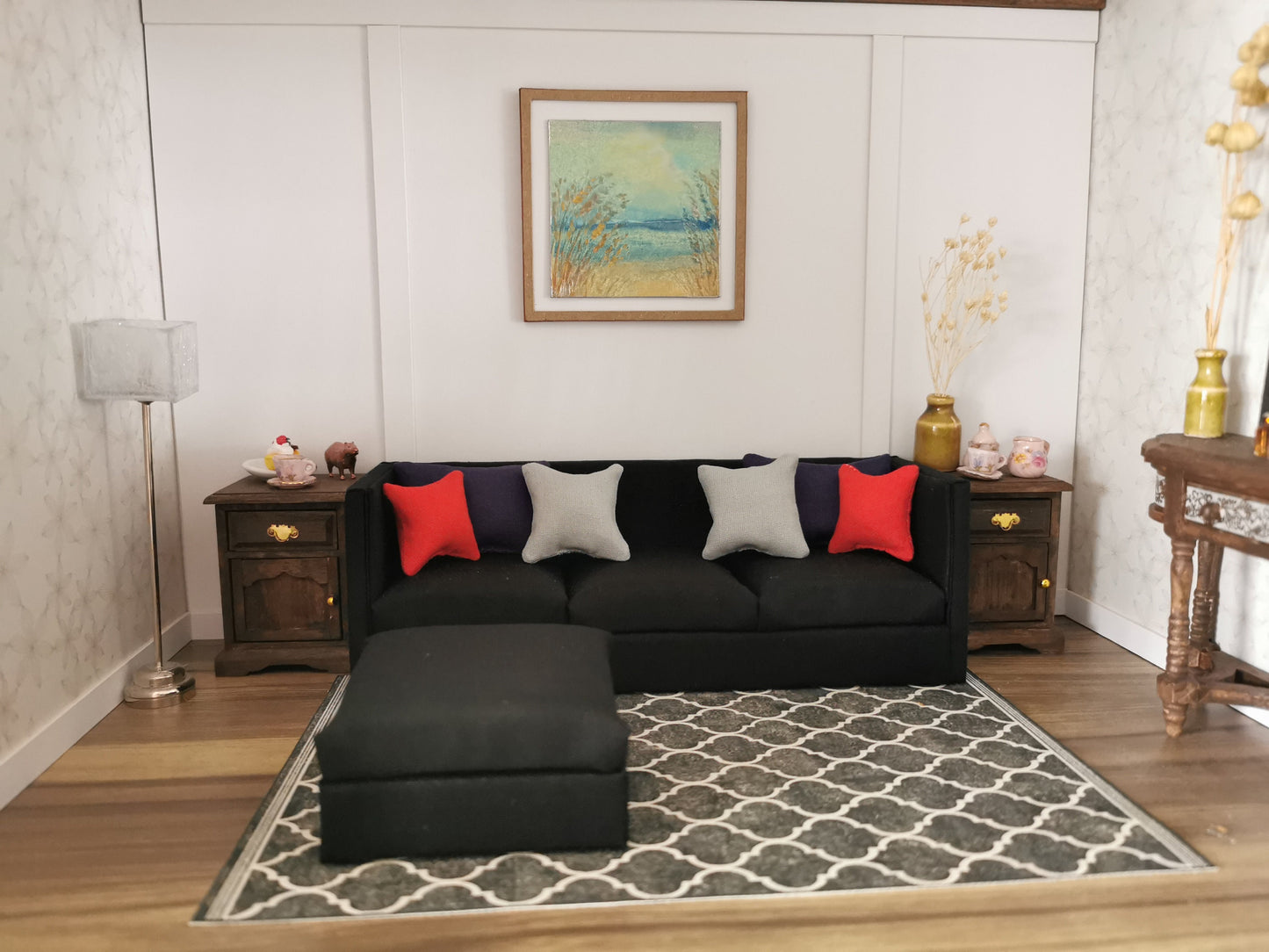 3 Seater Sofa & Ottoman | 1:12th Scale | Made To Order | Cushions/Pillows included | Handmade - ZJ Miniatures