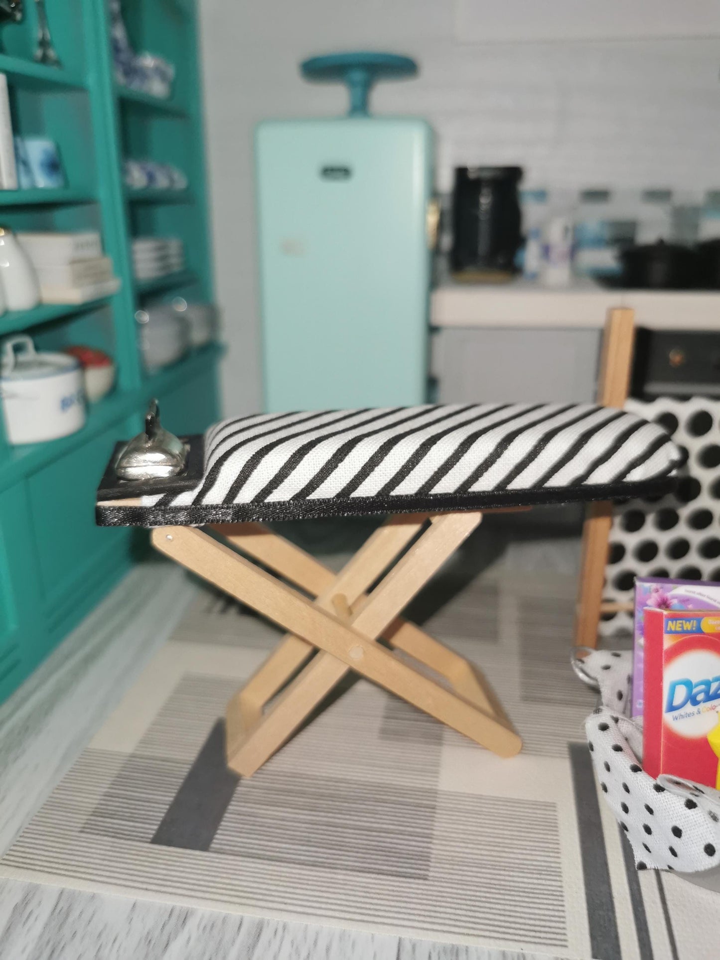 Dolls House Laundry Set in Black & White Patterned Fabric | 1:12th Scale | Hand Finished