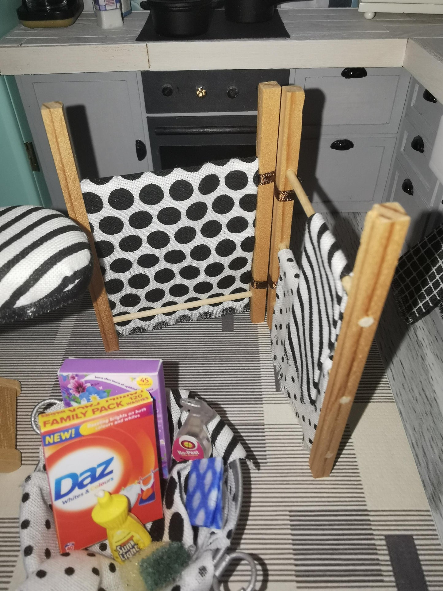 Dolls House Laundry Set in Black & White Patterned Fabric | 1:12th Scale | Hand Finished