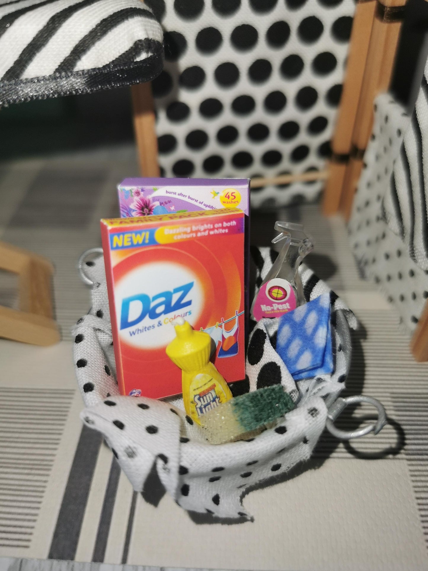 Dolls House Laundry Set in Black & White Patterned Fabric | 1:12th Scale | Hand Finished