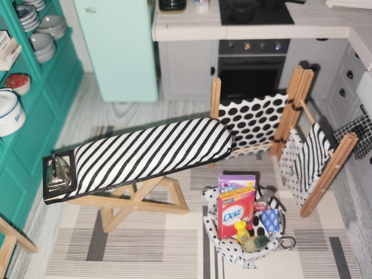 Dolls House Laundry Set in Black & White Patterned Fabric | 1:12th Scale | Hand Finished
