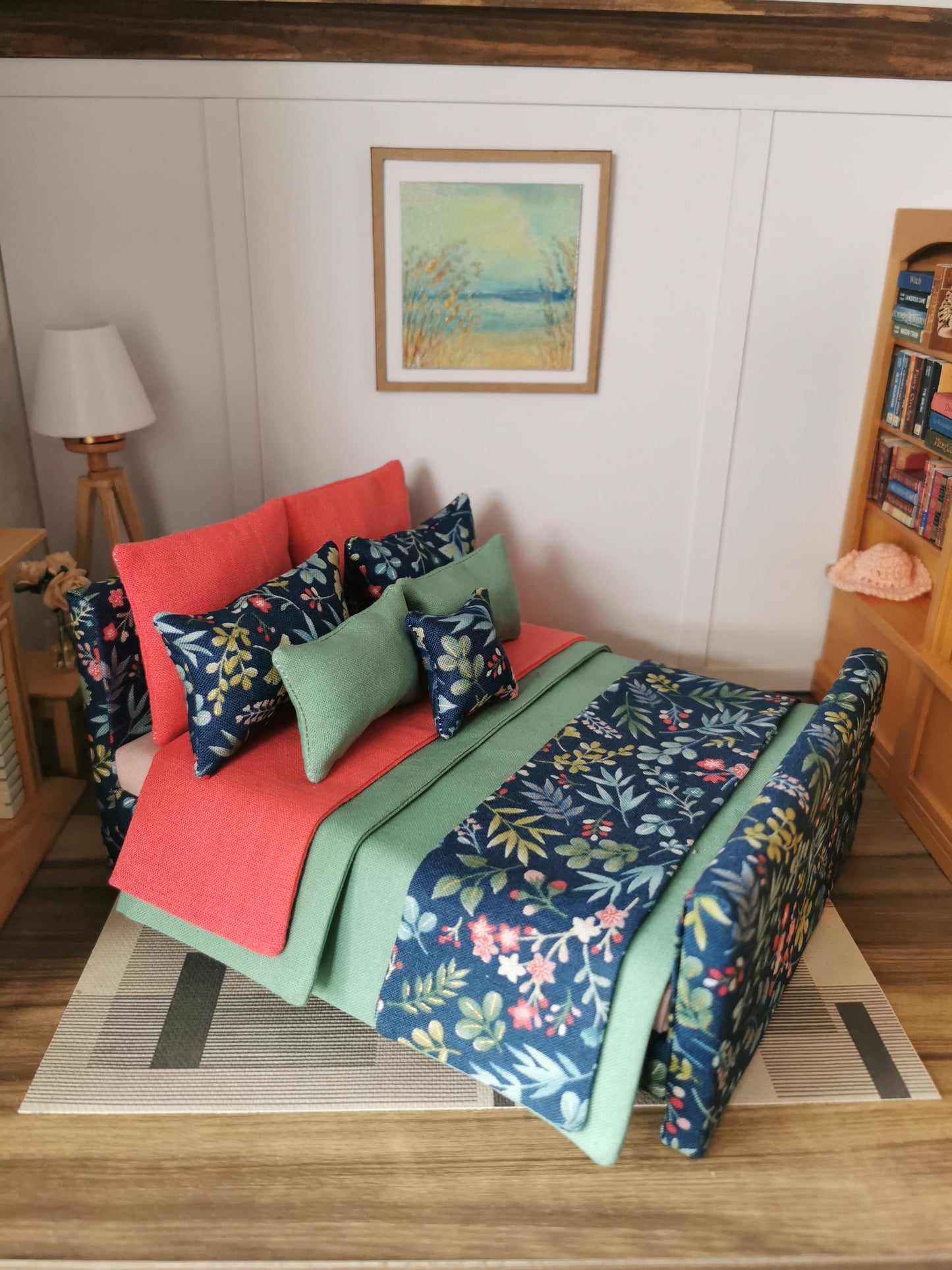Dolls House Double Bed in Green, Coral & Navy Floral Print | 1:12th Scale | Handmade