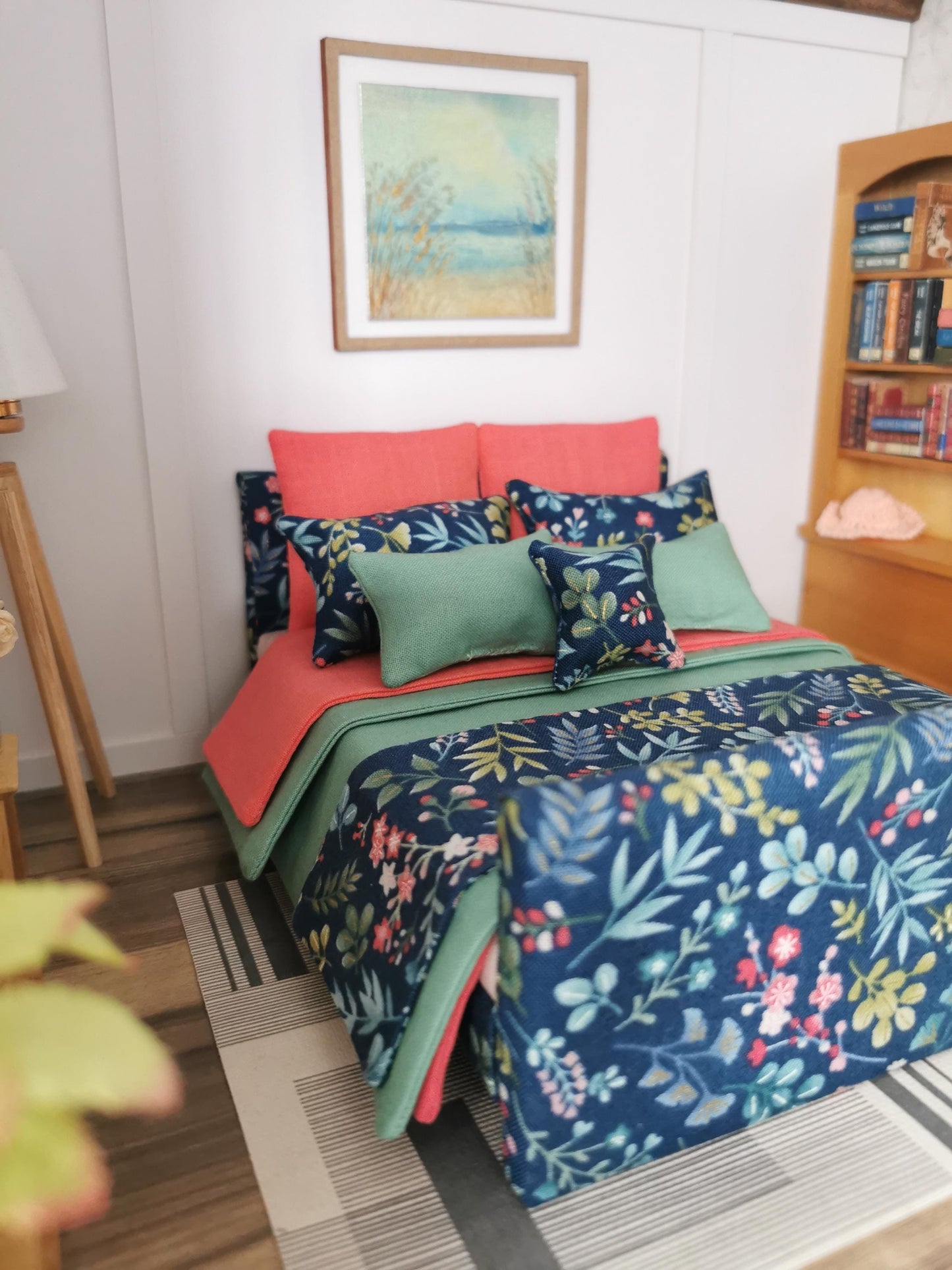 Dolls House Double Bed in Green, Coral & Navy Floral Print | 1:12th Scale | Handmade