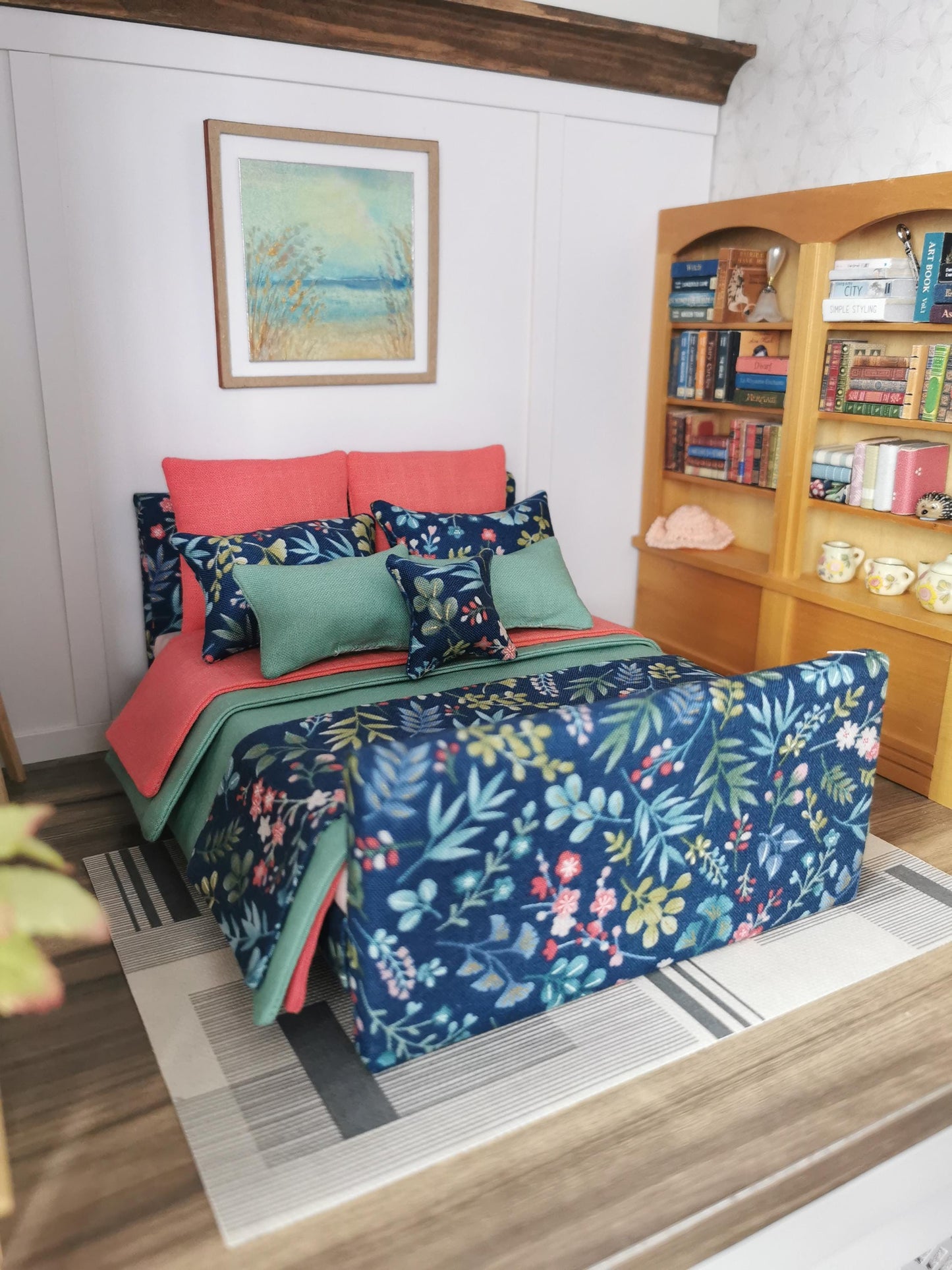 Dolls House Double Bed in Green, Coral & Navy Floral Print | 1:12th Scale | Handmade