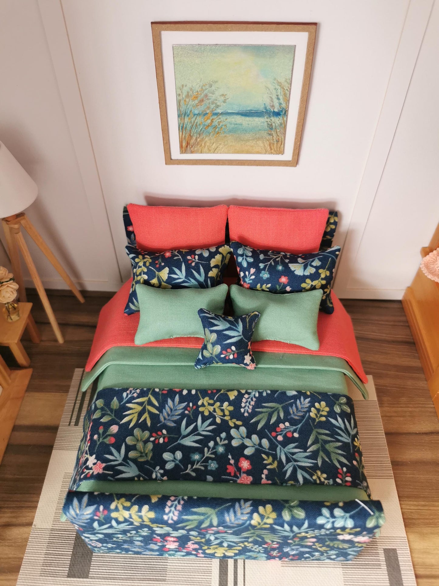 Dolls House Double Bed in Green, Coral & Navy Floral Print | 1:12th Scale | Handmade
