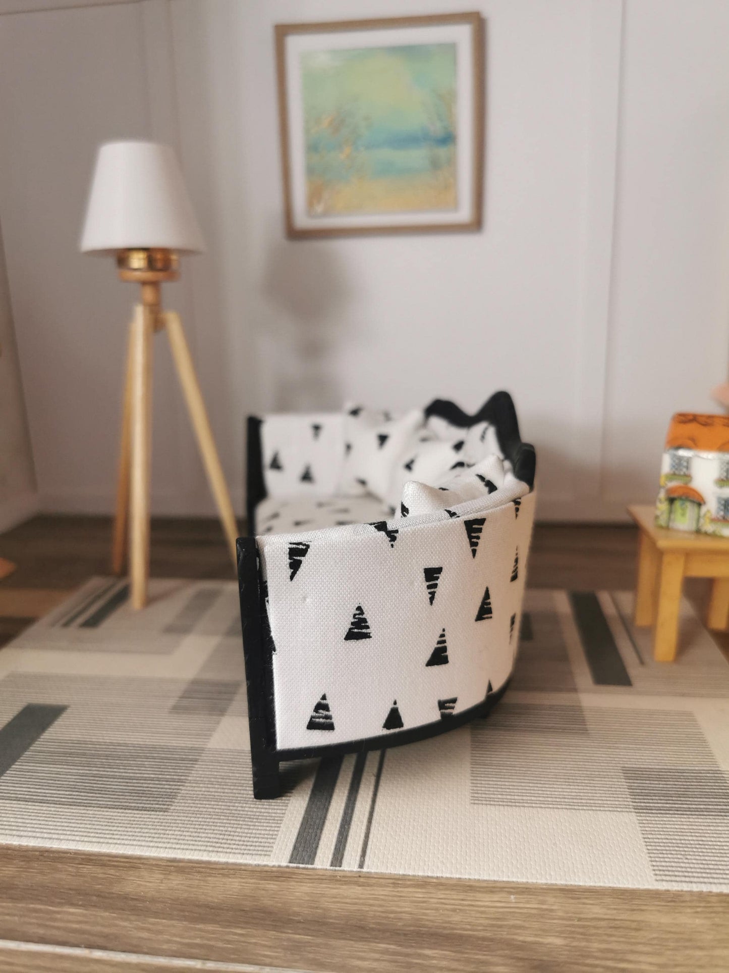 Dolls House Sofa in White/Black Triangle Print Fabric | 1:12th Scale | Hand Finished