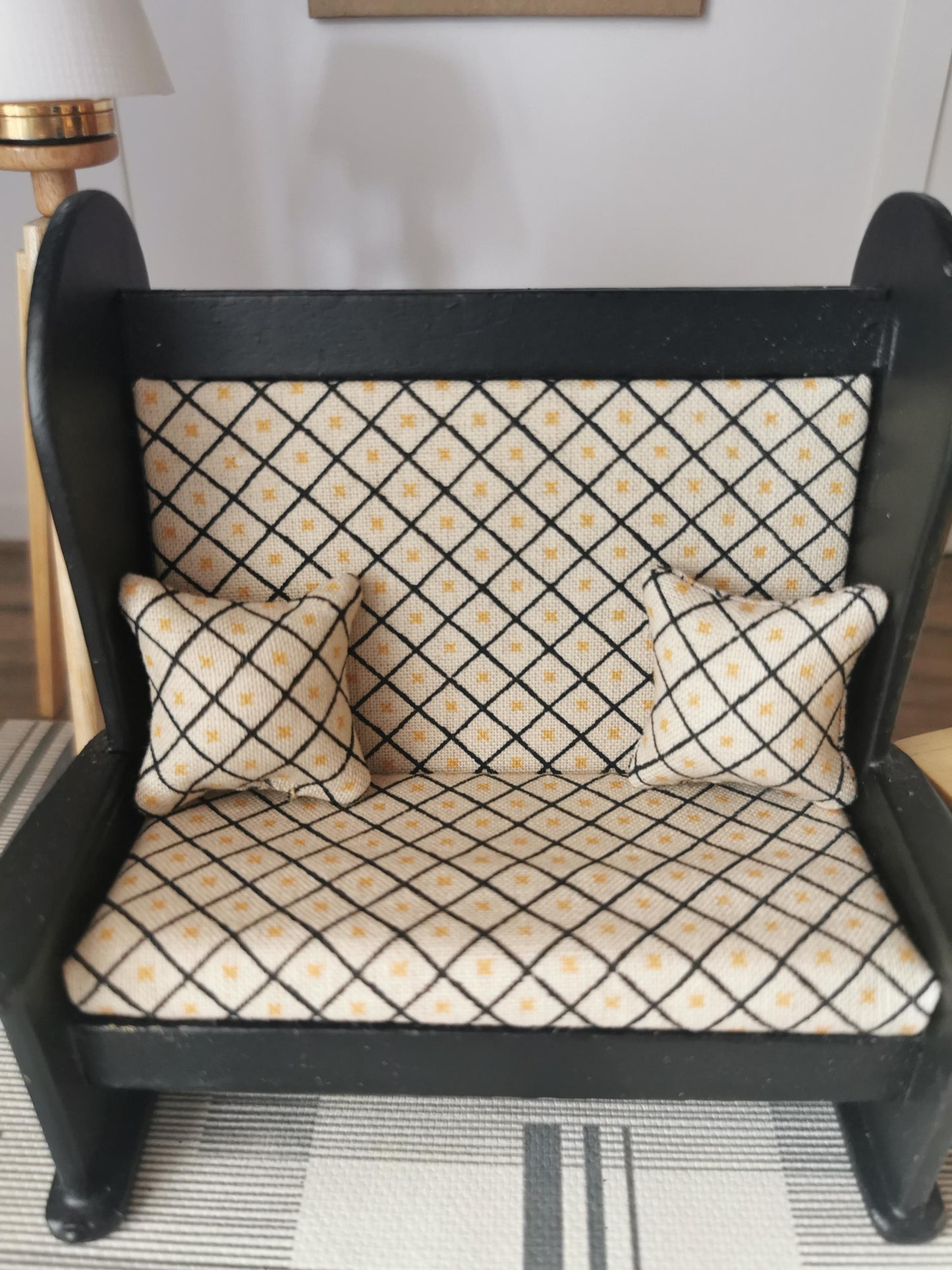 Dolls House Bench in Black and Gold Geo Print Fabric | 1:12th Scale | Hand Finished
