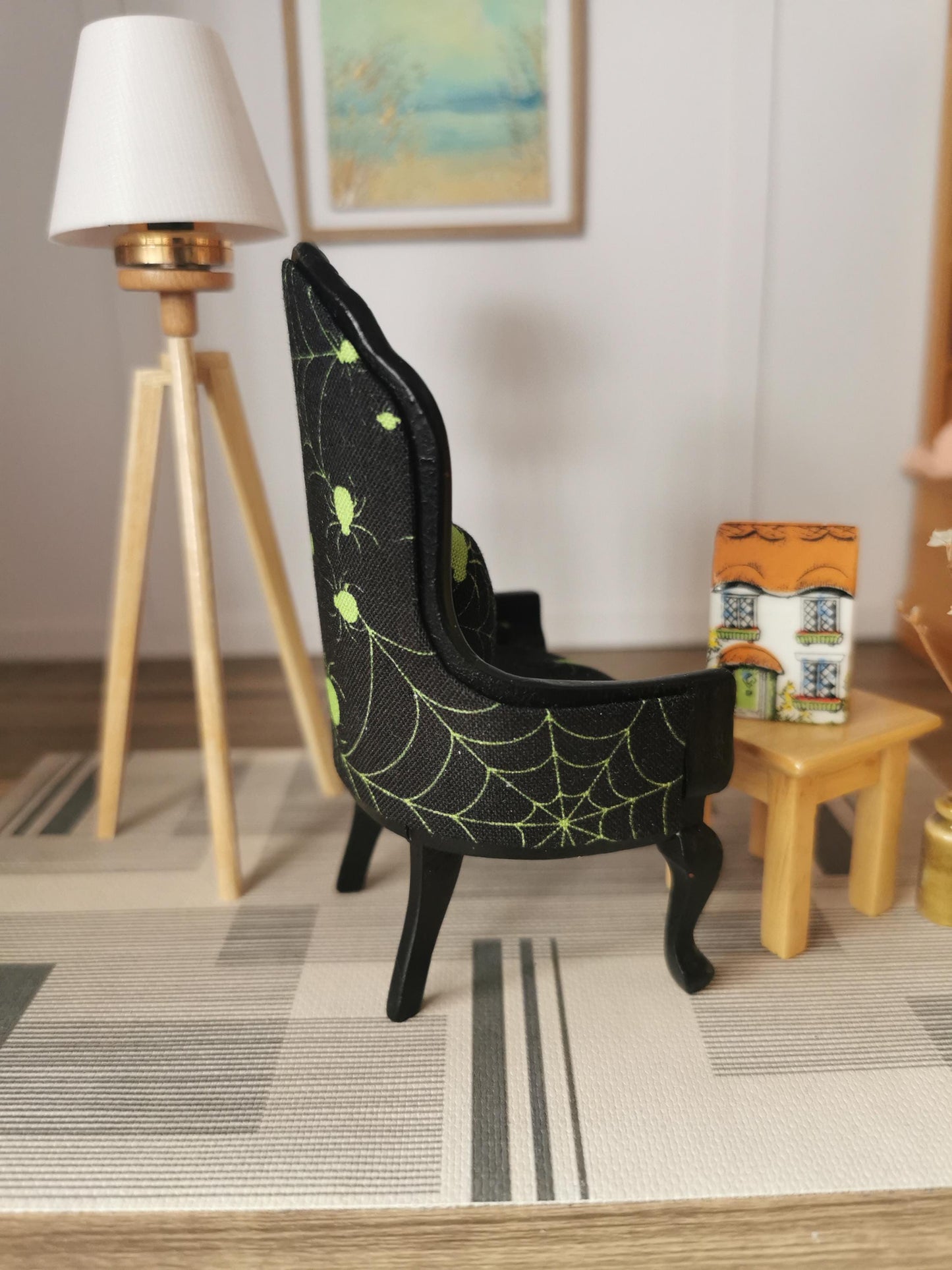 Dolls House Chair in Black and Lime Spider Web Print Fabric | 1:12th Scale | Hand Finished