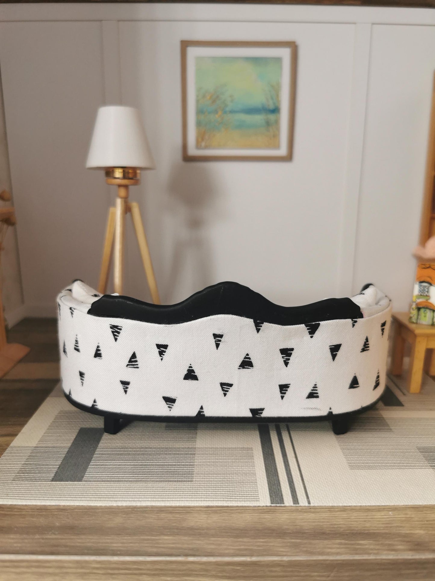Dolls House Sofa in White/Black Triangle Print Fabric | 1:12th Scale | Hand Finished