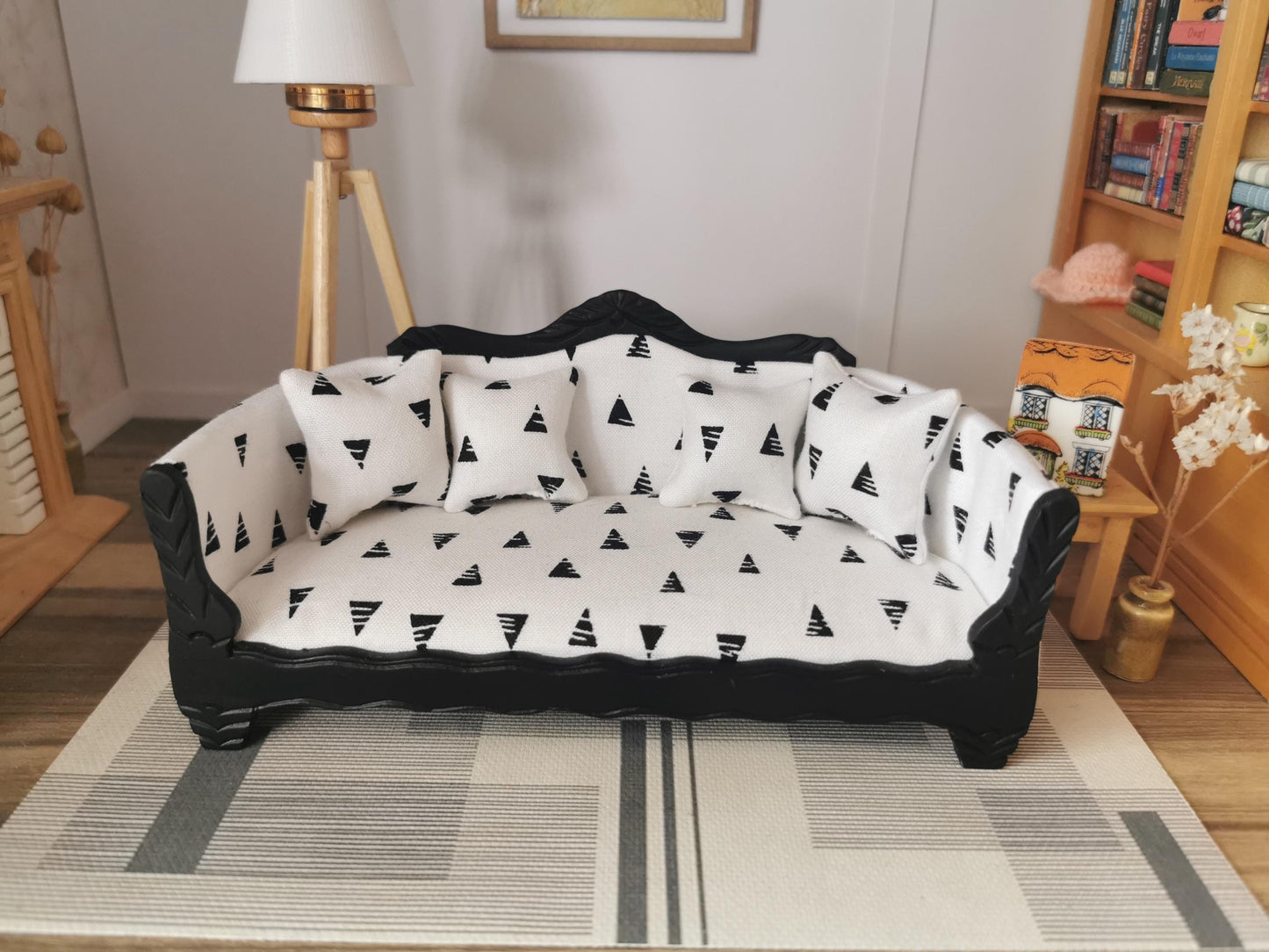 Dolls House Sofa in White/Black Triangle Print Fabric | 1:12th Scale | Hand Finished