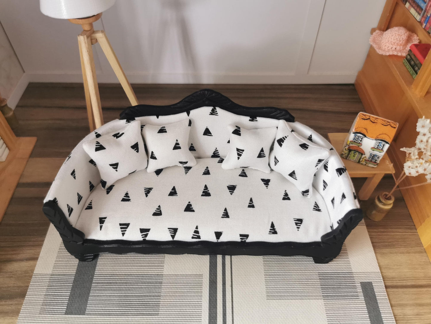 Dolls House Sofa in White/Black Triangle Print Fabric | 1:12th Scale | Hand Finished