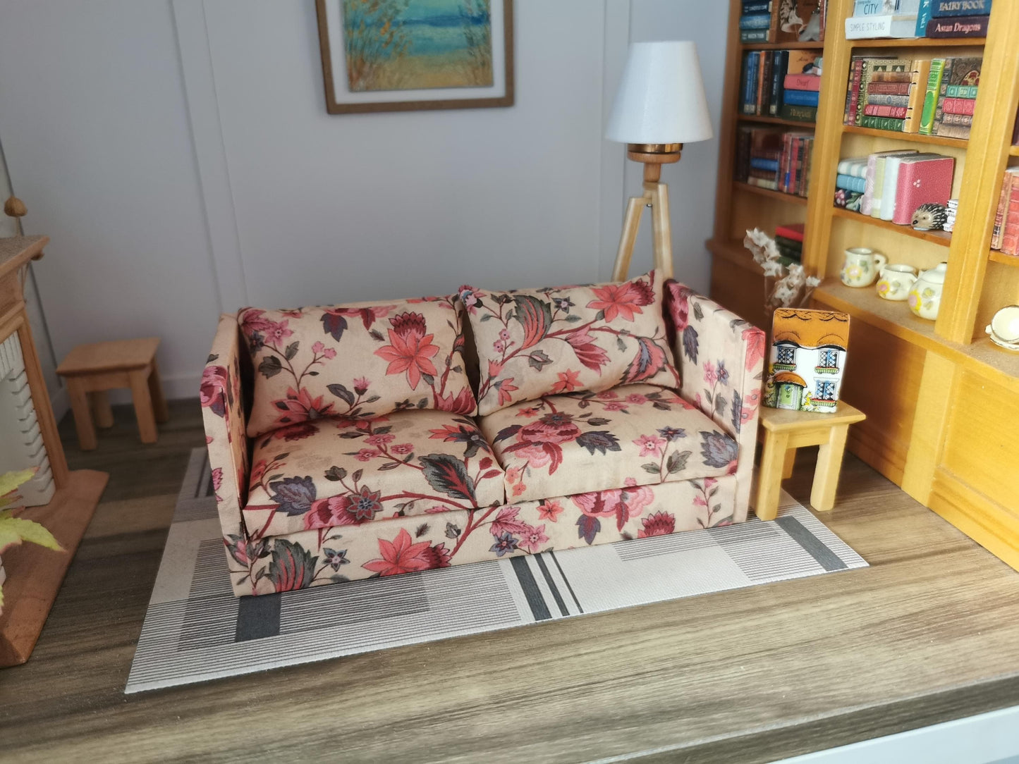 Dolls House 2 Seater Sofa in Stone, Pink and Green Floral Print | 1:12th Scale | Handmade