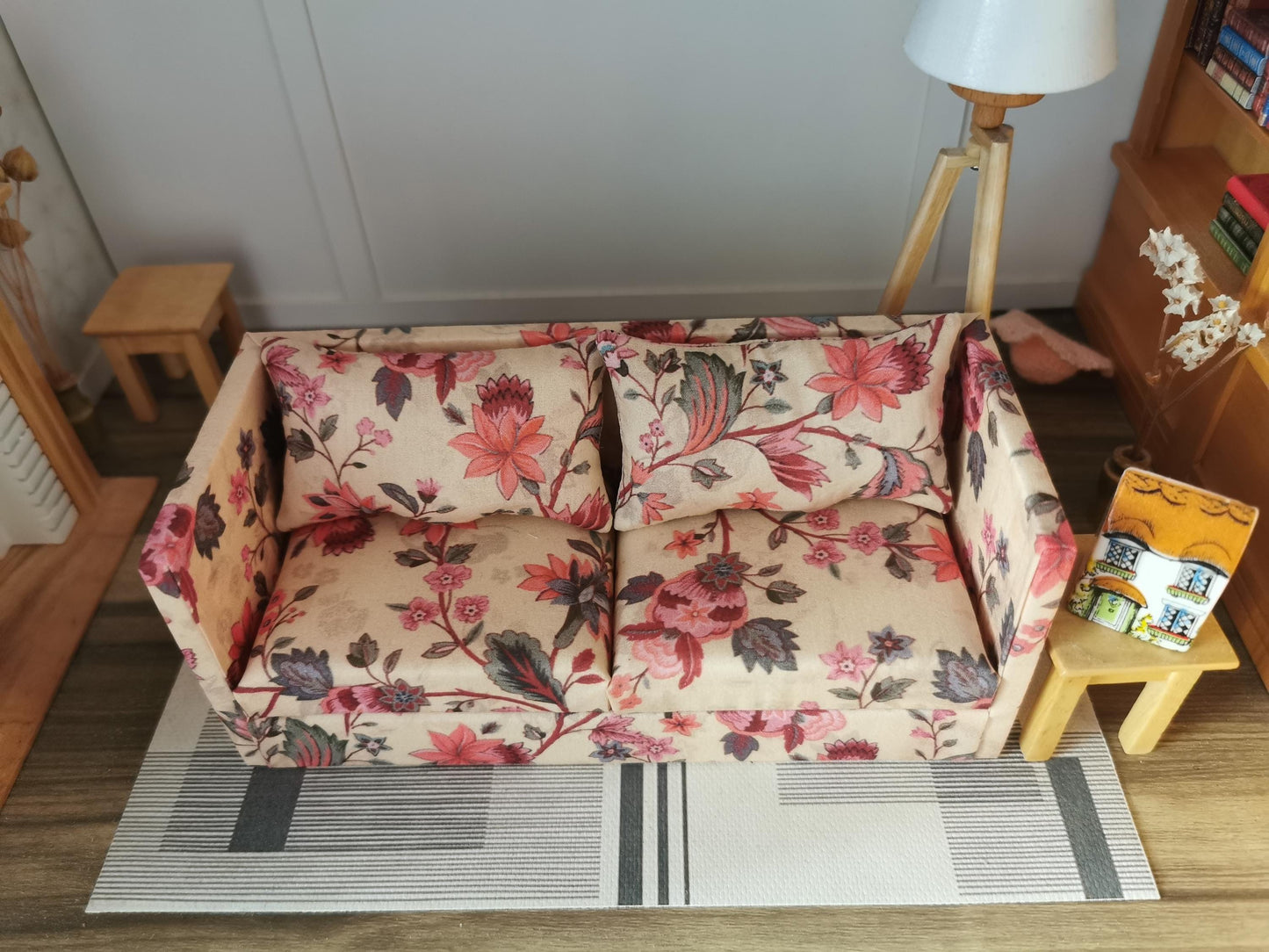 Dolls House 2 Seater Sofa in Stone, Pink and Green Floral Print | 1:12th Scale | Handmade
