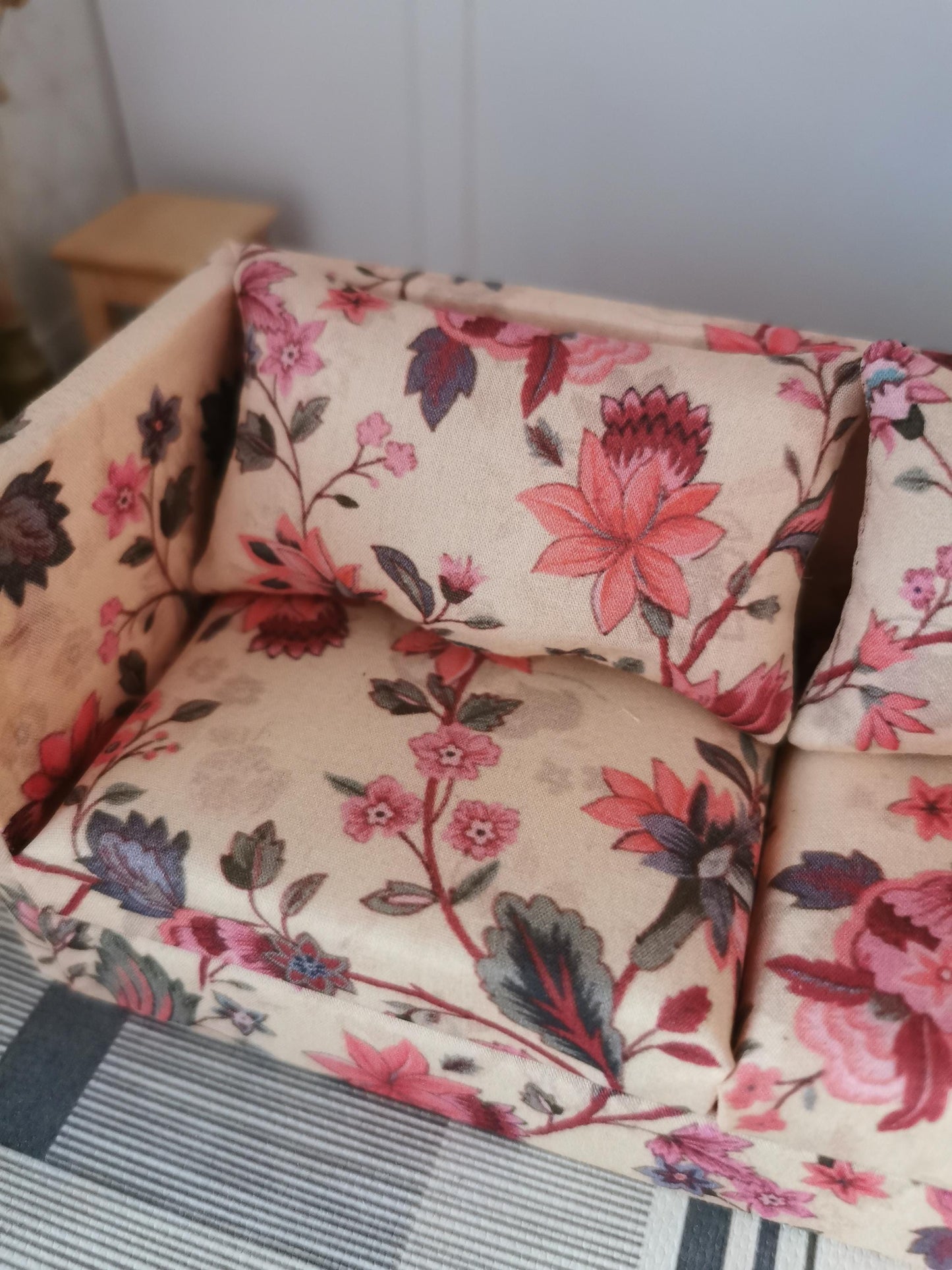 Dolls House 2 Seater Sofa in Stone, Pink and Green Floral Print | 1:12th Scale | Handmade