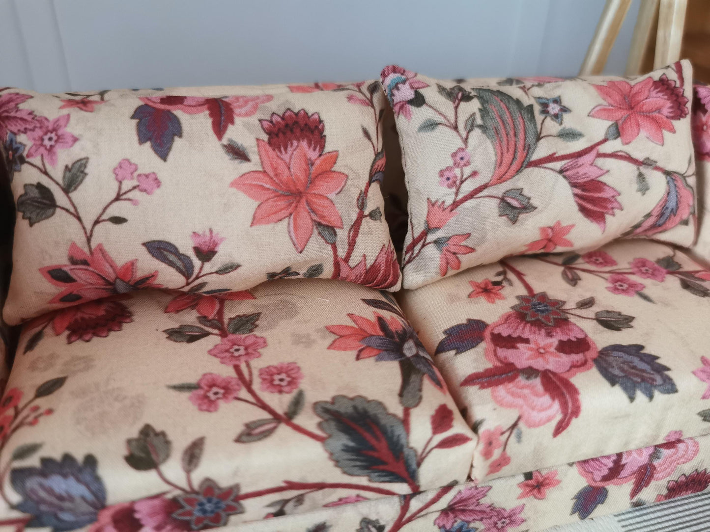 Dolls House 2 Seater Sofa in Stone, Pink and Green Floral Print | 1:12th Scale | Handmade