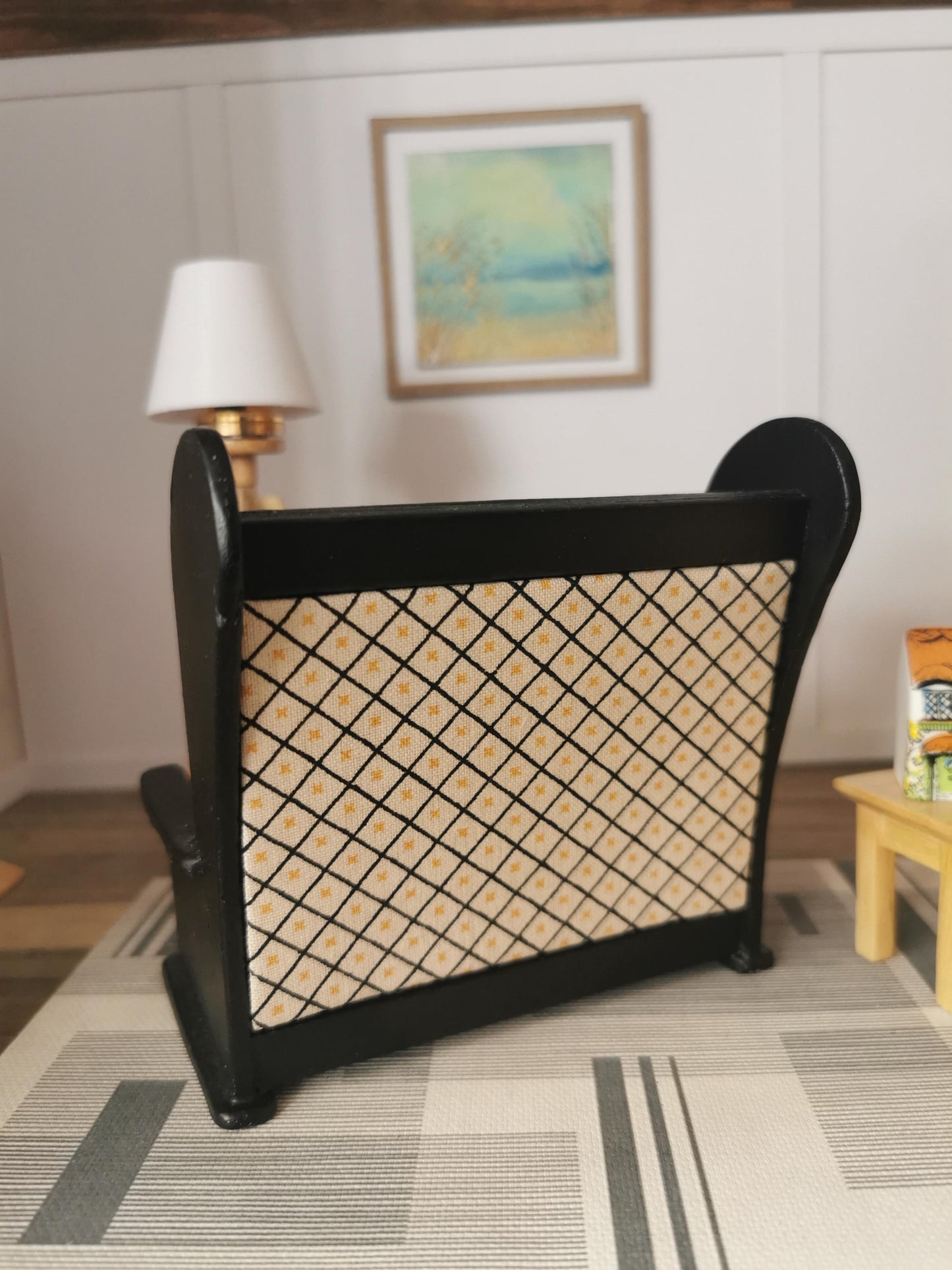 Dolls House Bench in Black and Gold Geo Print Fabric | 1:12th Scale | Hand Finished