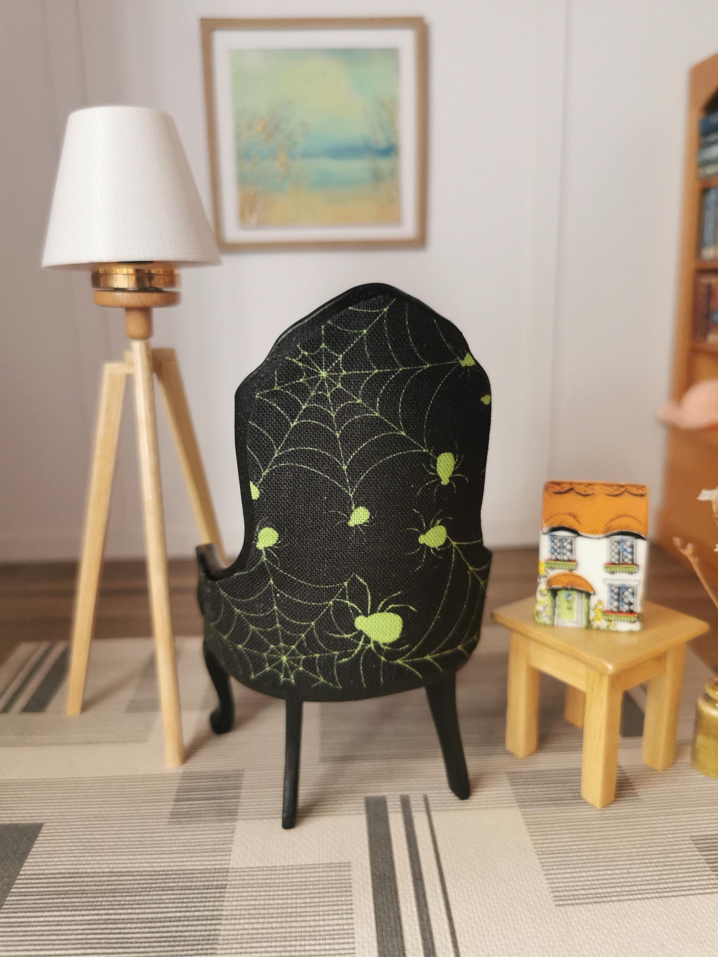 Dolls House Chair in Black and Lime Spider Web Print Fabric | 1:12th Scale | Hand Finished