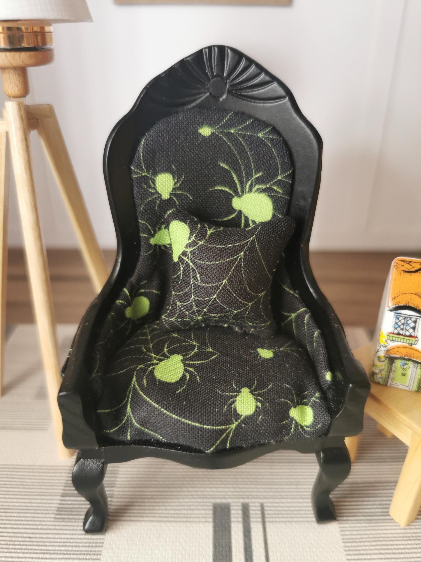 Dolls House Chair in Black and Lime Spider Web Print Fabric | 1:12th Scale | Hand Finished