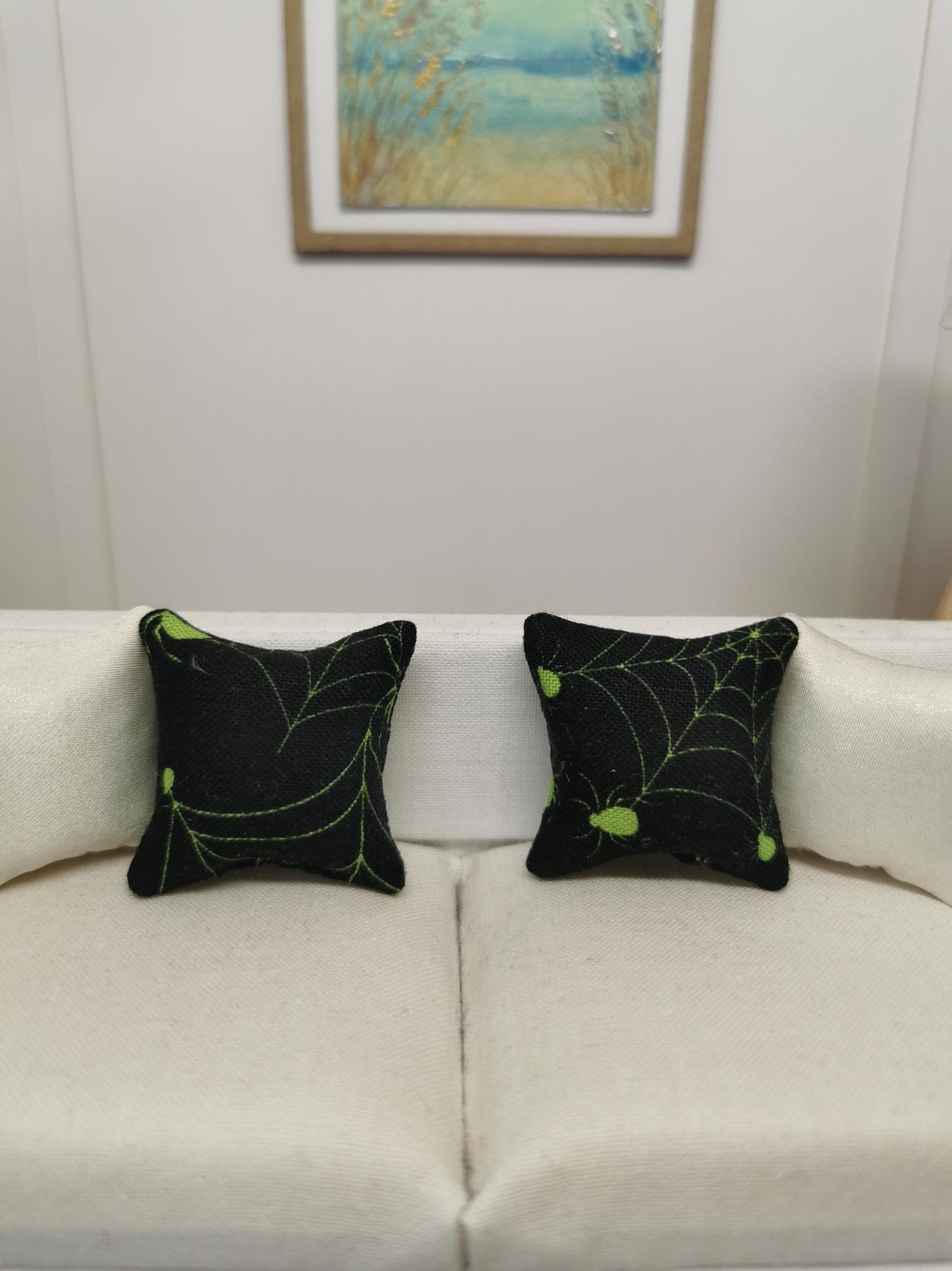 Black/Lime Green Spider Web Print Cushion Set of 2 | 1:12th Scale | Handmade
