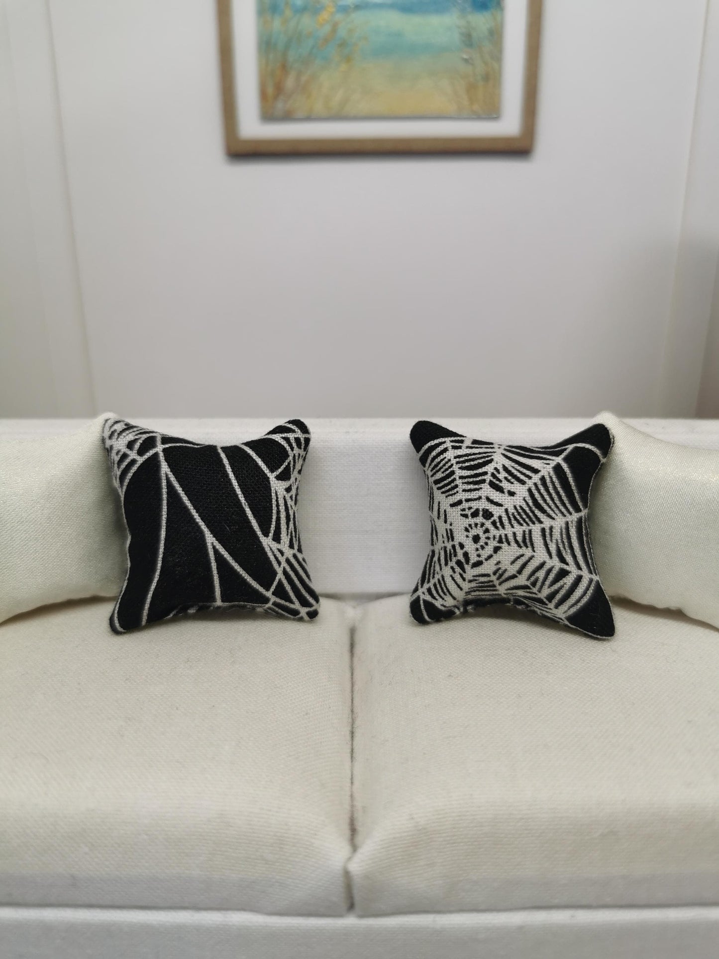 Black/White Spider Web Print Cushion Set of 2 | 1:12th Scale | Handmade