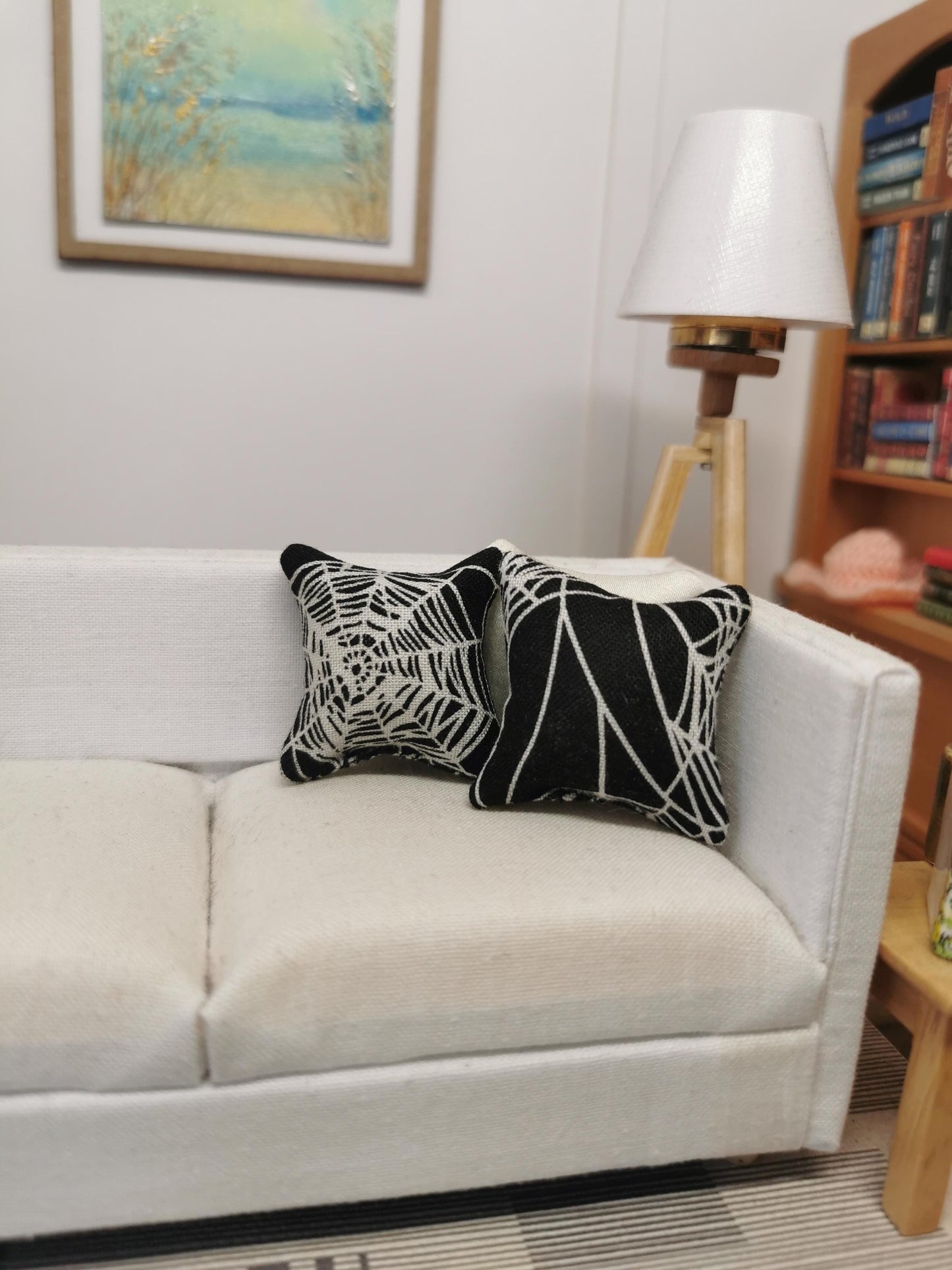 Black/White Spider Web Print Cushion Set of 2 | 1:12th Scale | Handmade