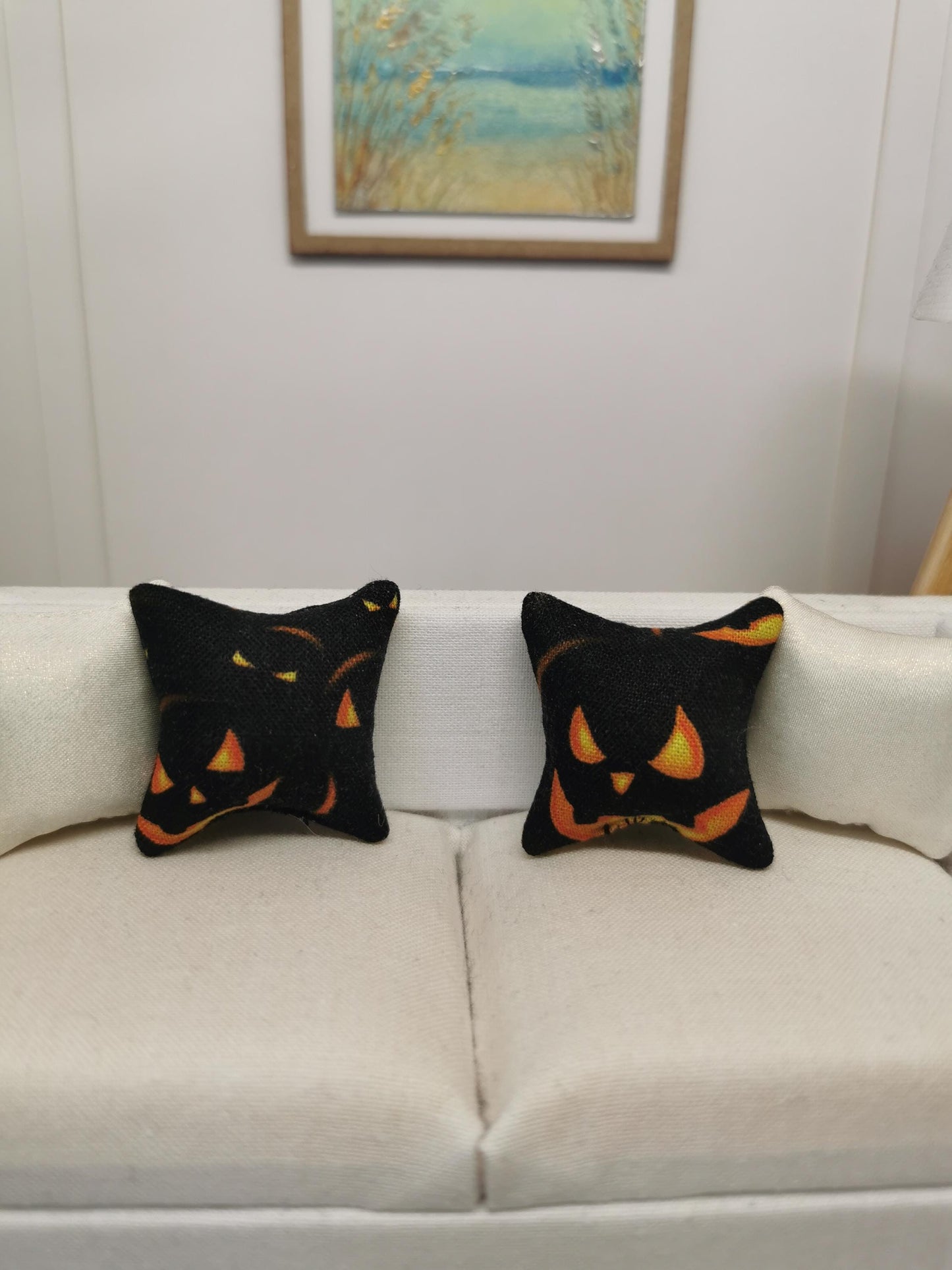 Black/Orange Pumpkin Print Cushion Set of 2 | 1:12th Scale | Handmade
