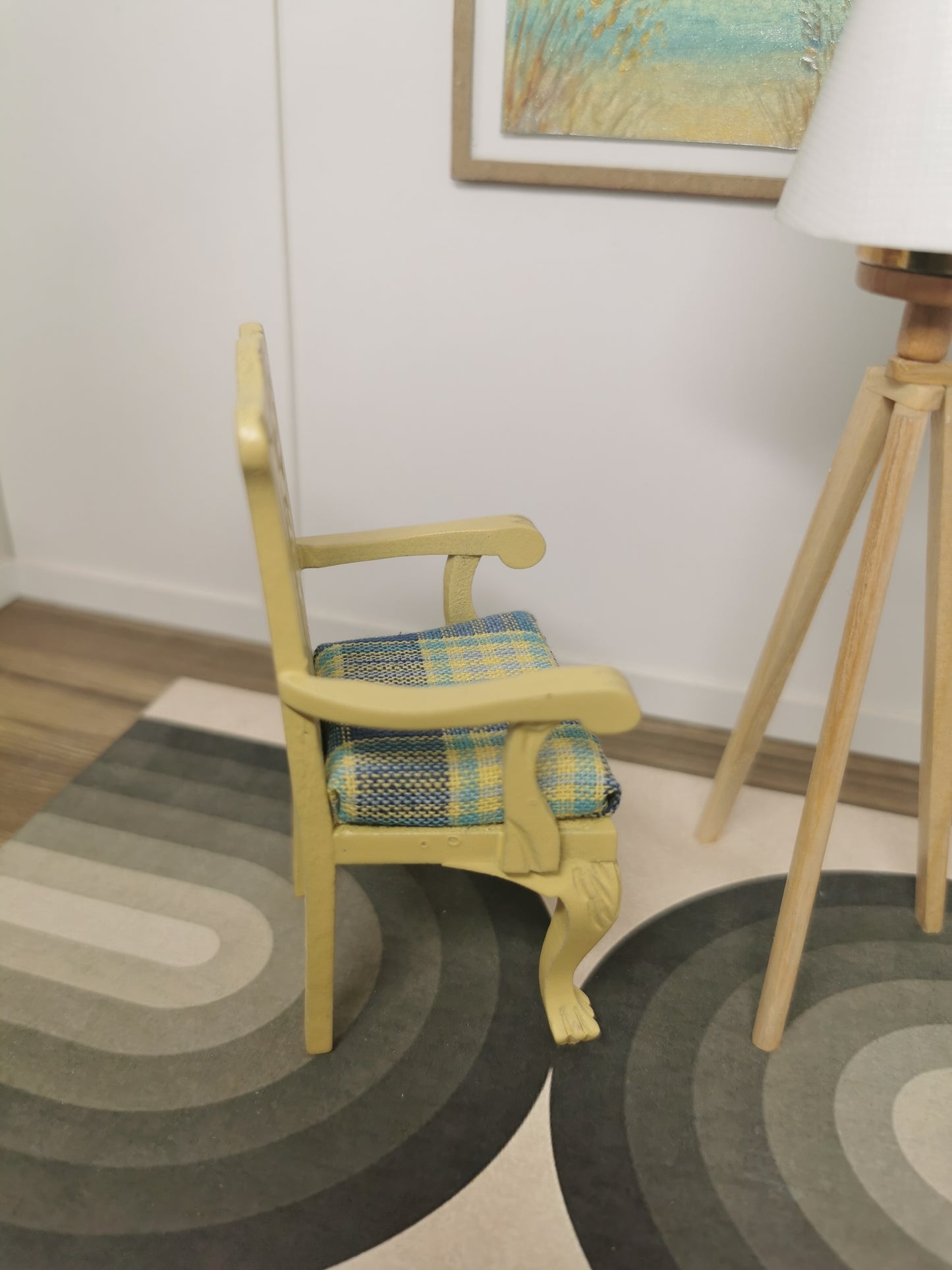 Chair in Yellow & Blue Check Print Fabric | 1:12th Scale | Hand Finished