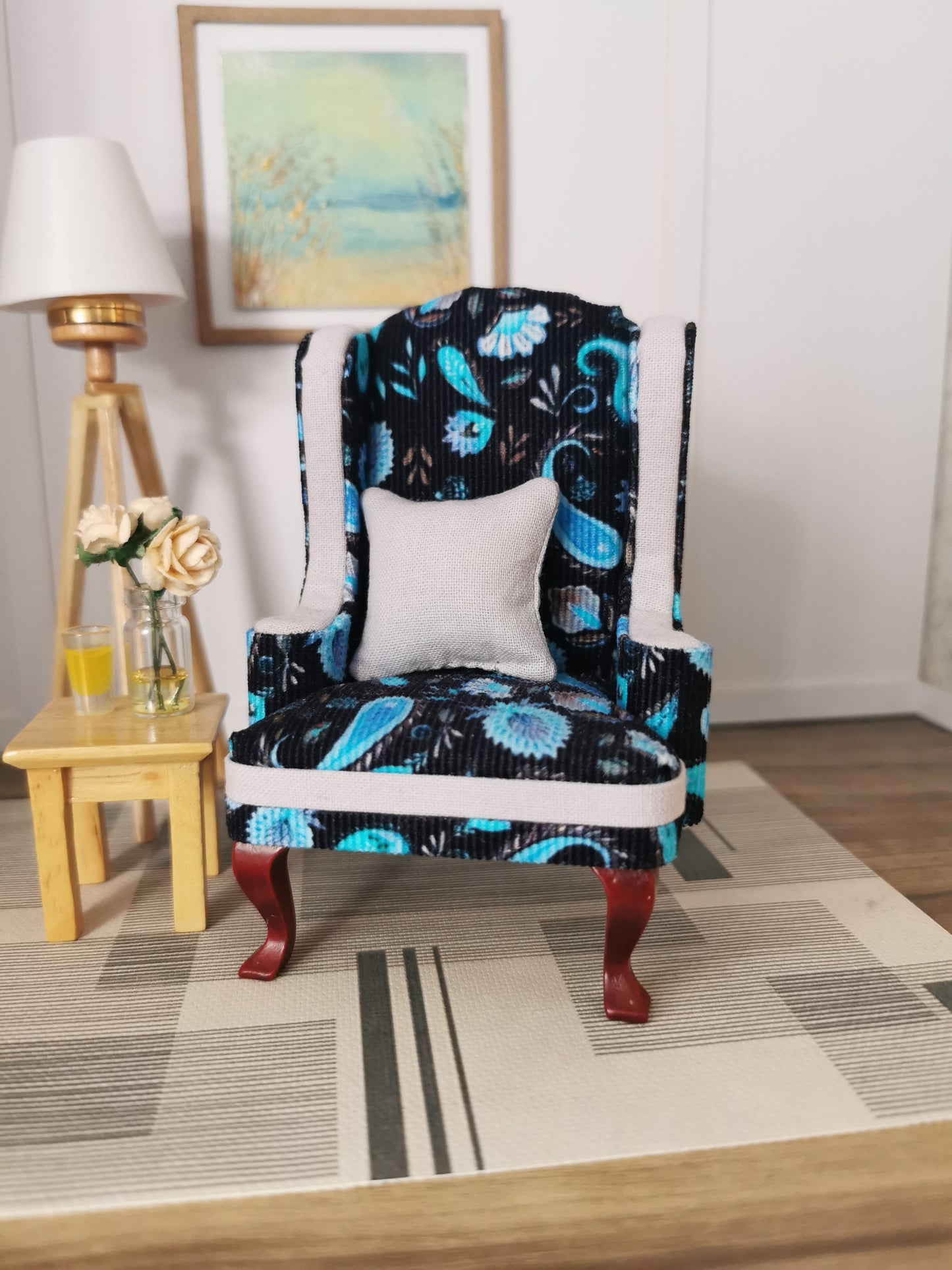 Wingback Chair in Baby Cord Paisley Print Fabric | 1:12th Scale | Hand Finished