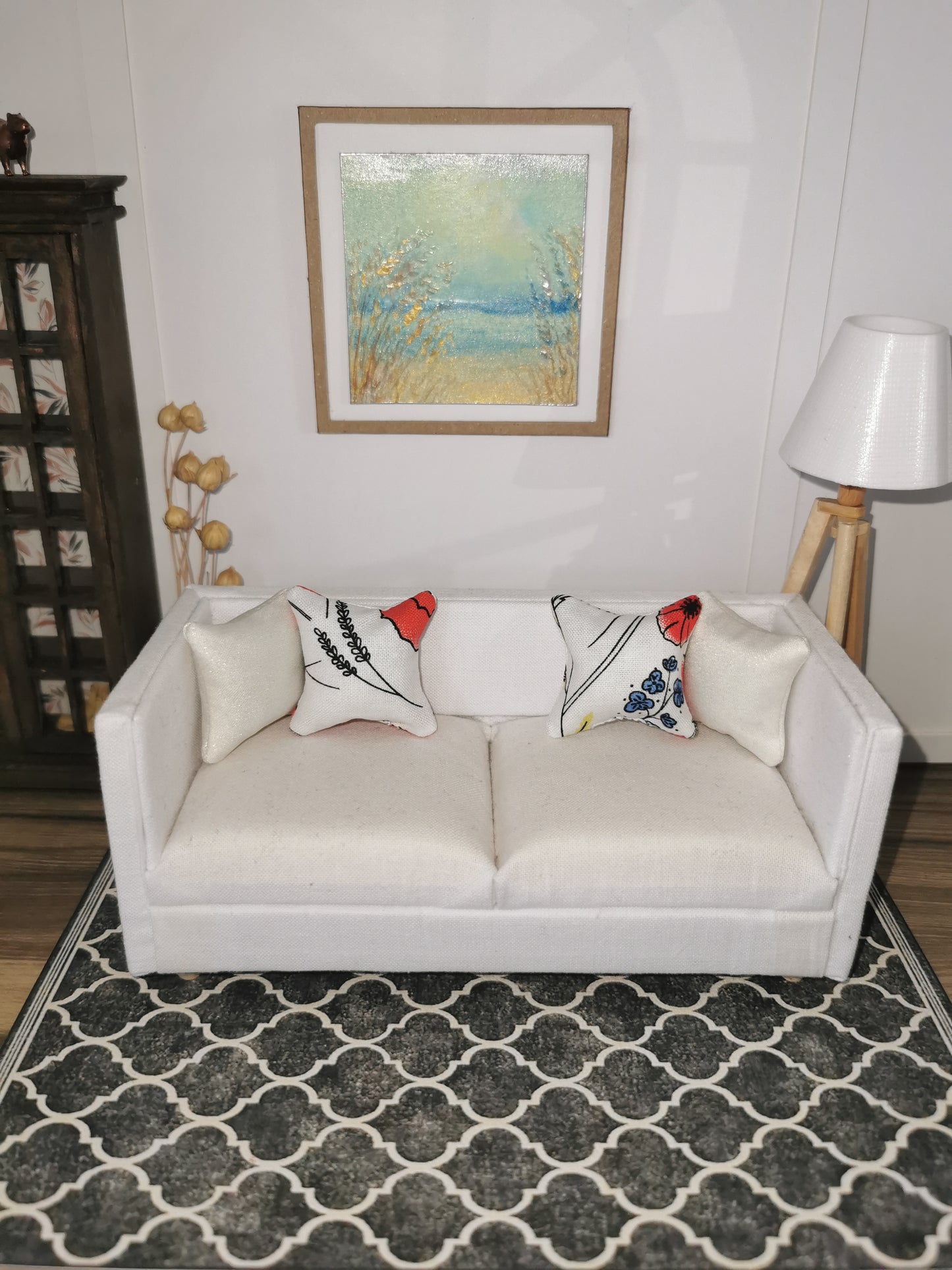 White Poppy Print Cushion | 1:12th Scale | Handmade