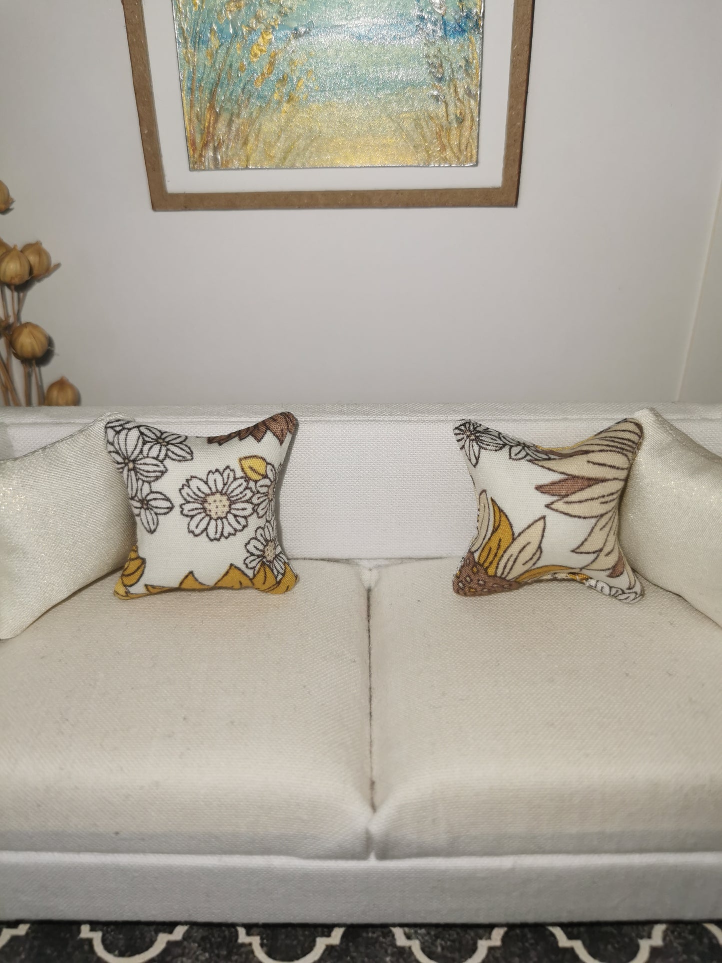Neutral/Green/Brown/Yellow Floral Print Cushion | 1:12th Scale | Handmade