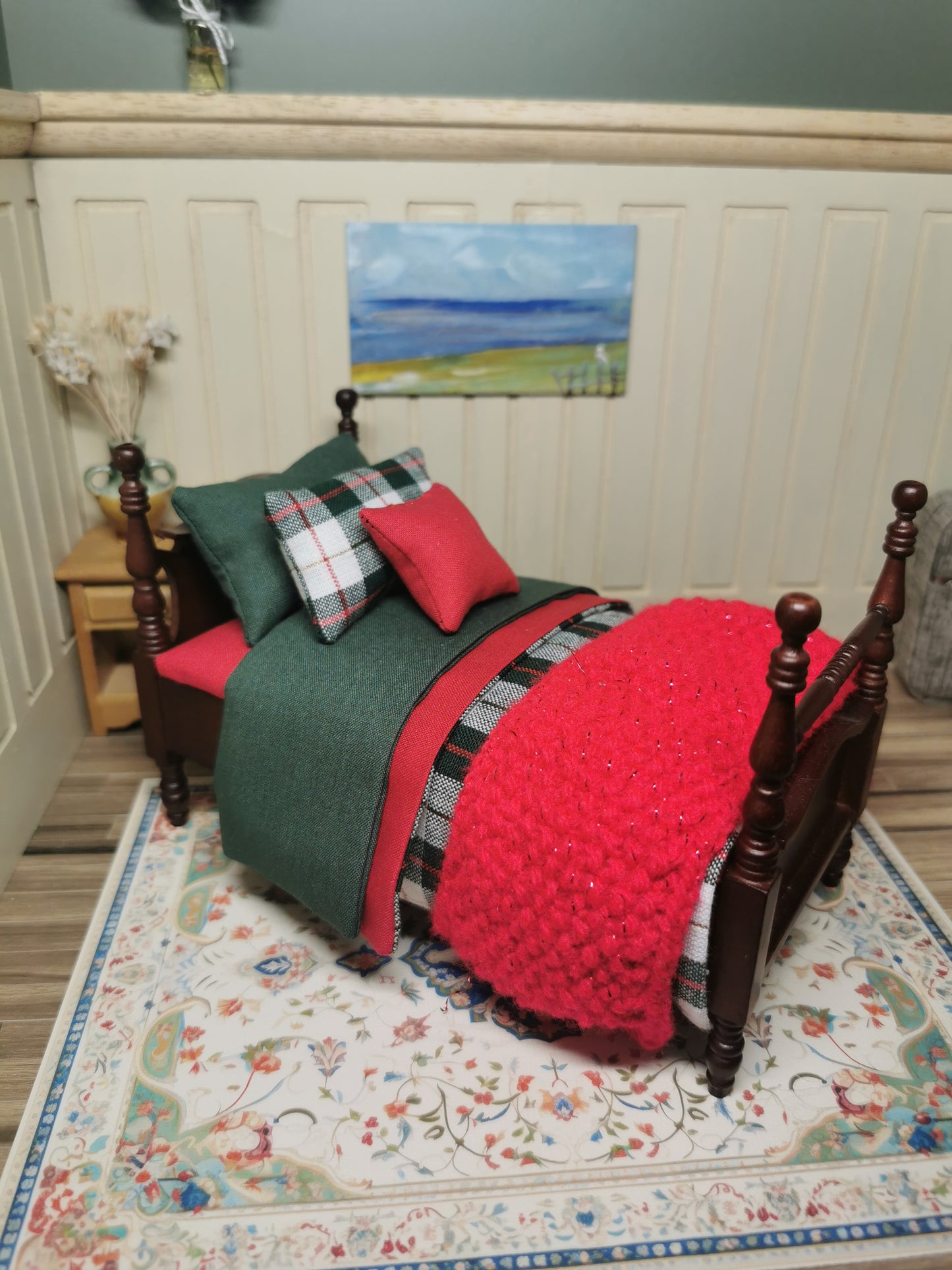 Single Bed in Green, Red & White Tartan Print | 1:12th Scale | Hand Finished