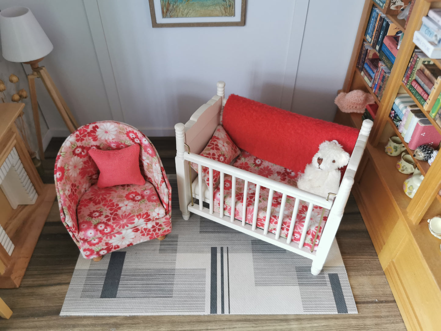 Baby Cot & Tub Chair Set in Cream & Pink Floral Print | 1:12th Scale | Handmade & Hand Finished