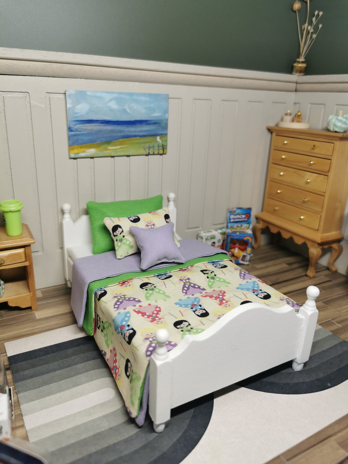 Green & Lavender Princess SINGLE Bed Linen Set | 1:12th Scale | Handmade | Set of 5