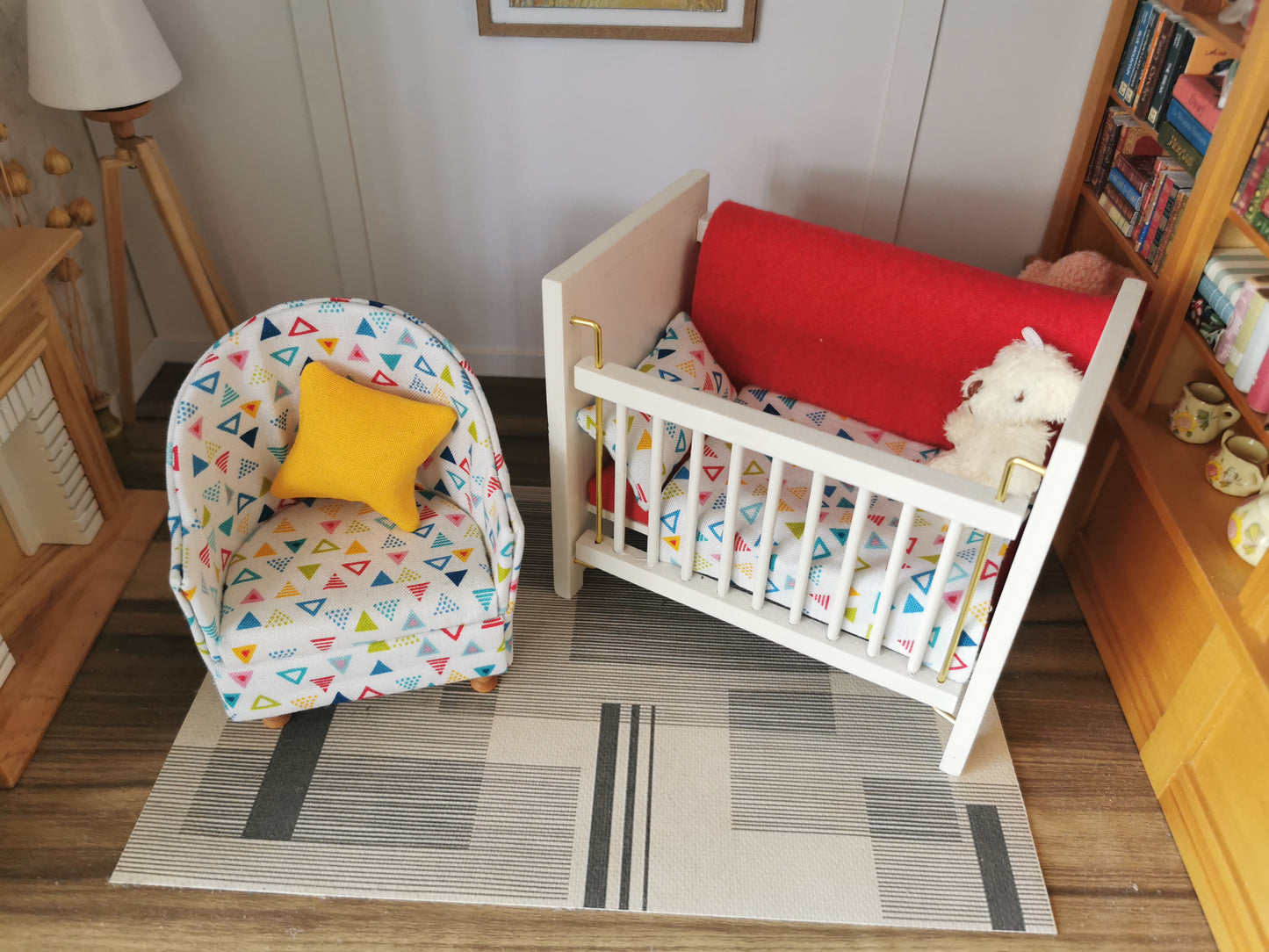 Baby Cot & Tub Chair Set in White Geo Print | 1:12th Scale | Handmade & Hand Finished