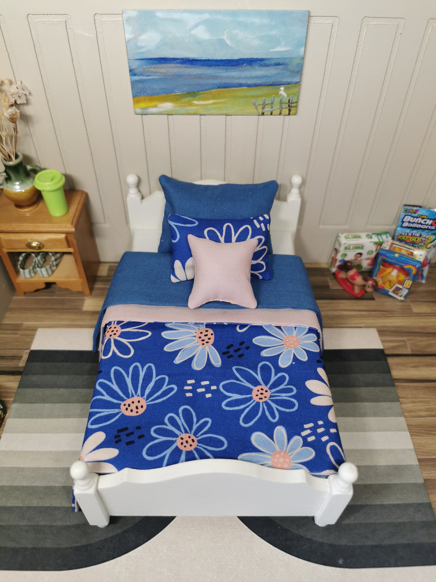 Blue Floral SINGLE Bed Linen Set | 1:12th Scale | Handmade | Set of 5