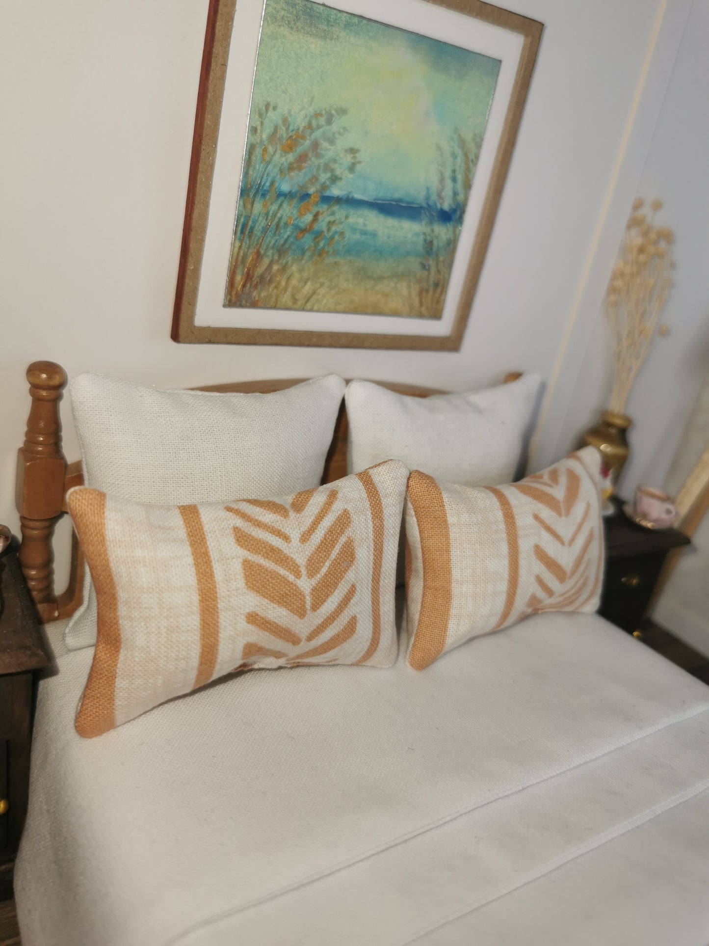Beige/Terracotta Geo Print Pillows | Set of 2 | 1:12th Scale | Handmade