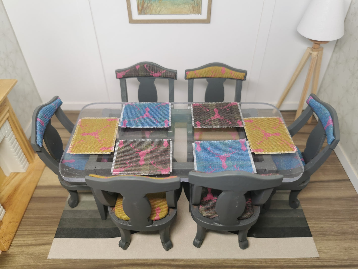 Table & Chairs in Grey with a Stag Print Fabric | 1:12th Scale | Hand Finished