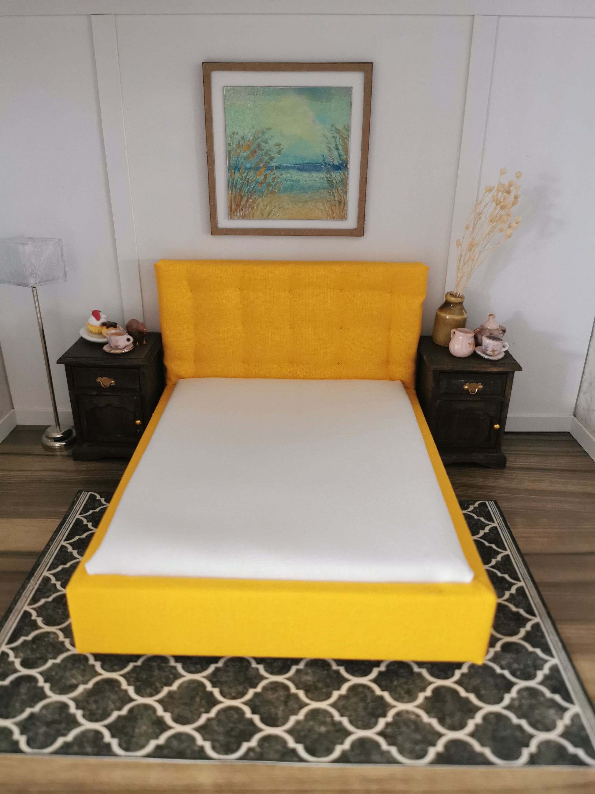 Double Bed with Tufted Headboard | 1:12th Scale | Made To Order | Handmade - ZJ Miniatures