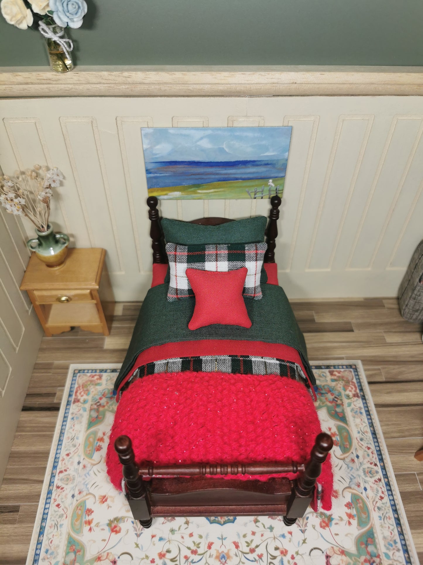 Single Bed in Green, Red & White Tartan Print | 1:12th Scale | Hand Finished