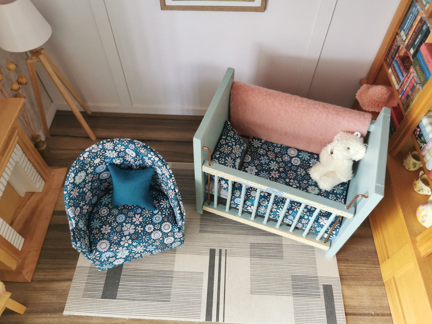 Baby Cot & Tub Chair Set in Petrol Blue Floral Print | 1:12th Scale | Handmade & Hand Finished